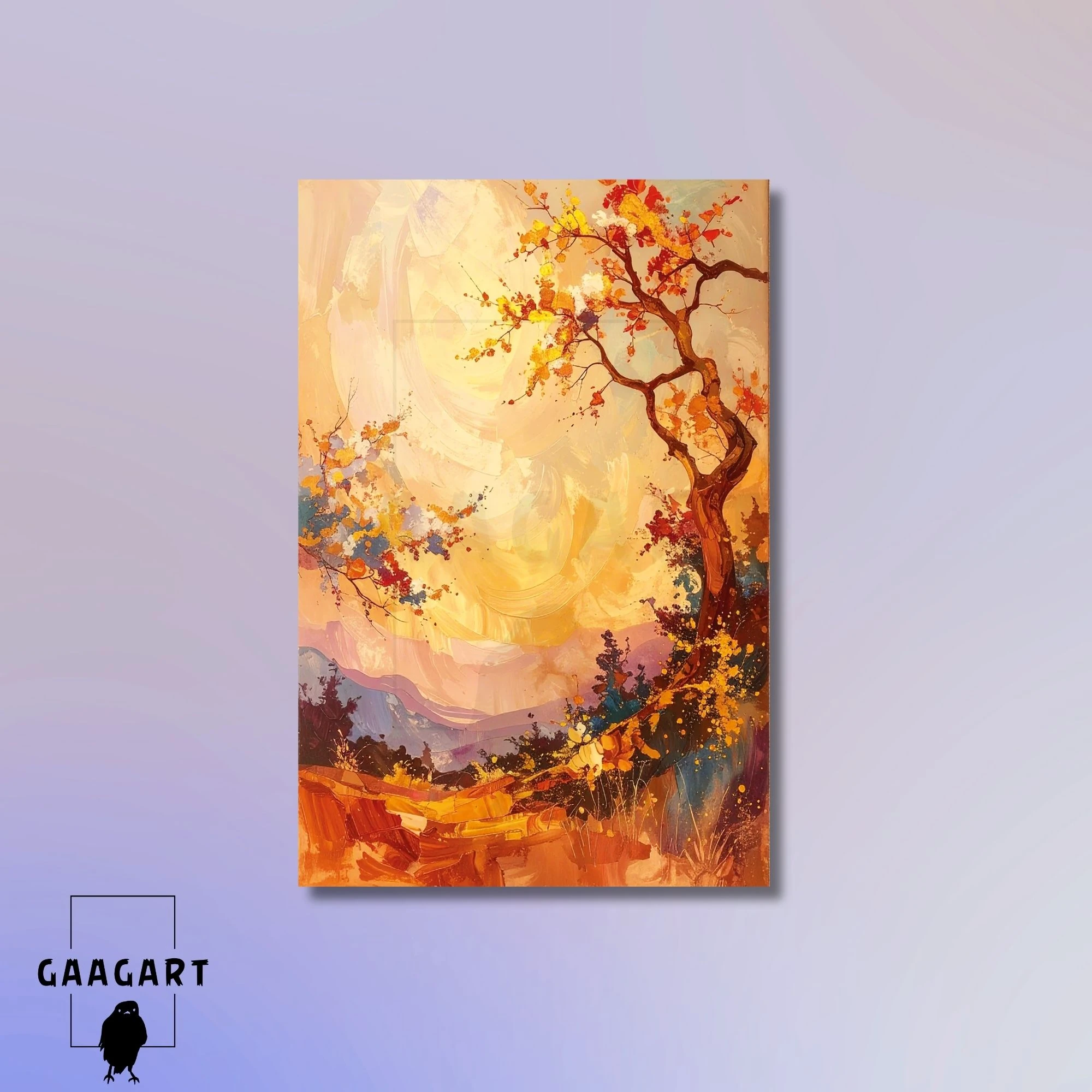 Tekli Dikey Kanvas Tablo Gün Batımı Renklerinde Ağaç Manzara