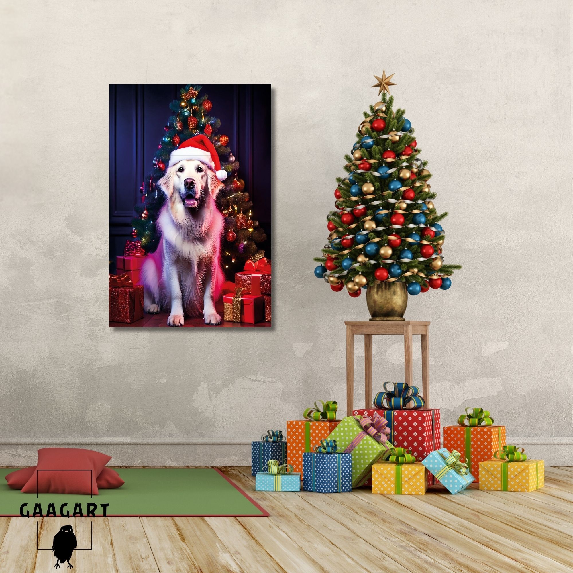 Tekli Dikey Kanvas Duvar Tablosu Yılbaşı Hediyesi Noel Baba Kostümlü Golden Retriever