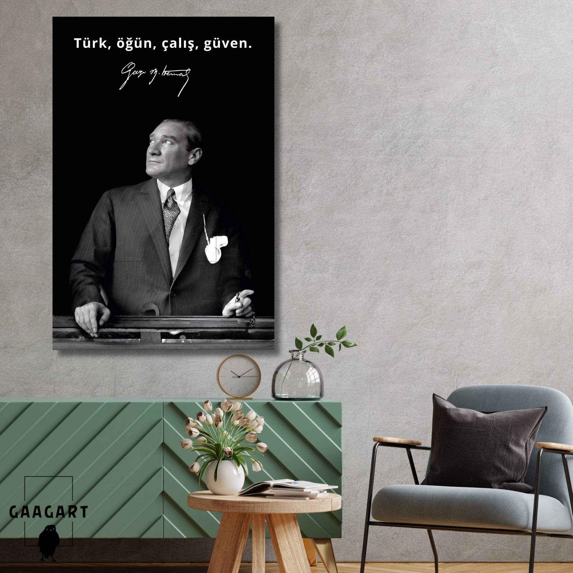 Tekli Dikey Kanvas Makam Panosu Atatürk Sözleri Türk, öğün, çalış, güven.