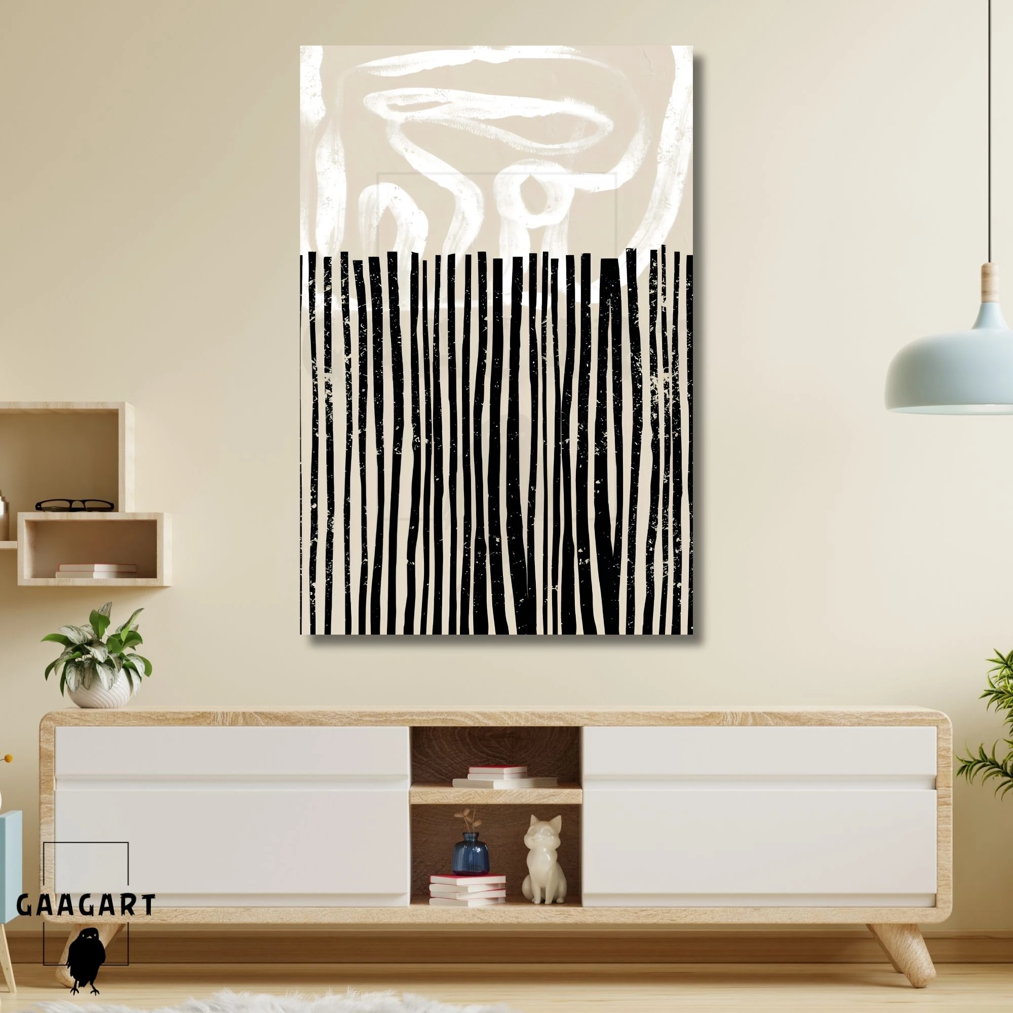 Tekli Dikey Kanvas Tablo Soyut Kremrengi Siyah Bohem Desen