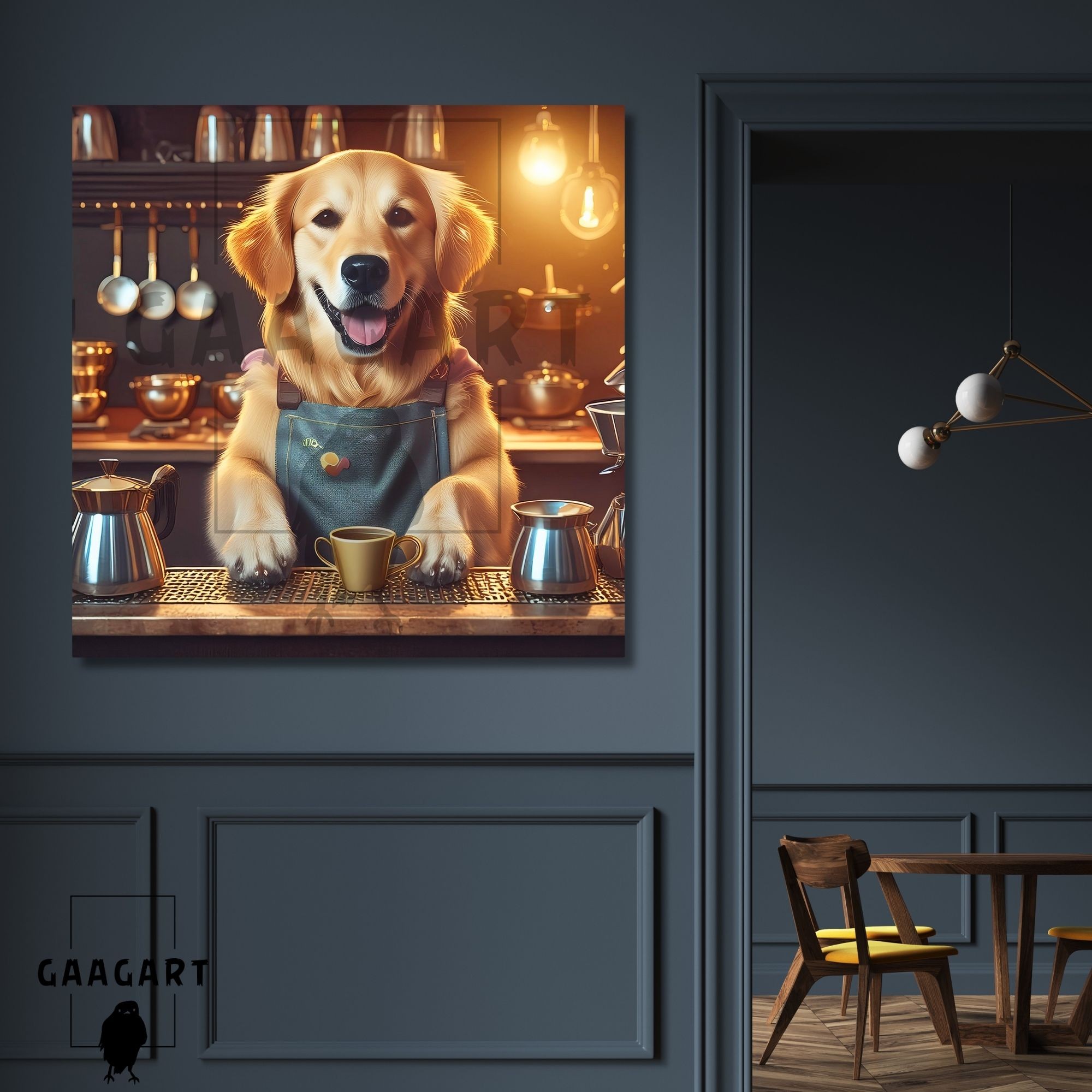 Kare Kanvas Kahve Köşesi Cafe Tablosu Barista Golden Köpek