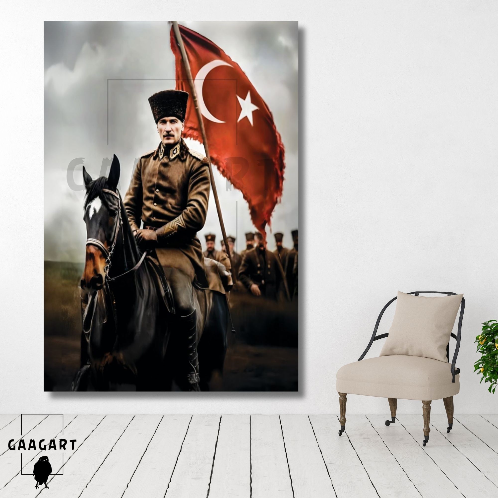Tekli Dikey Kanvas Duvar Tablosu At Üzerinde Atatürk