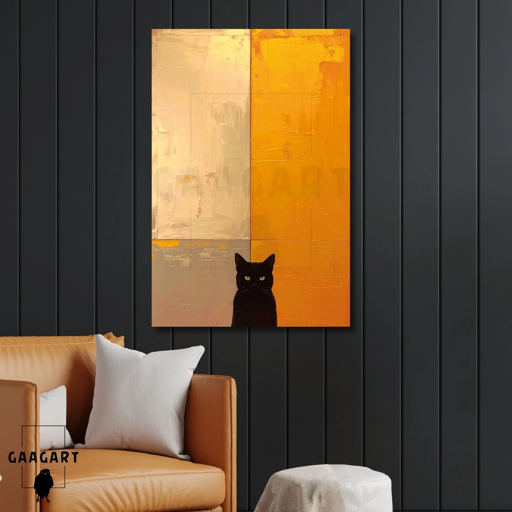 Tekli Dikey Kanvas Tablo Soyut Sanatsal Turuncu ve Kara Kedi