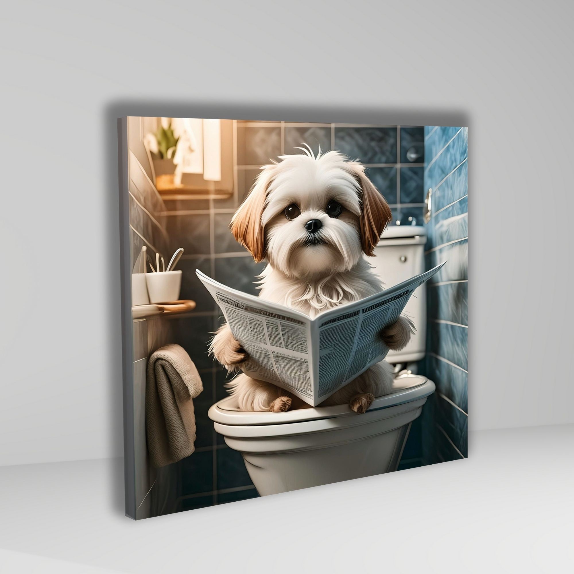 Tekli Kare Kanvas Banyo Tablosu Gazete Okuyan Shih Tzu Köpek