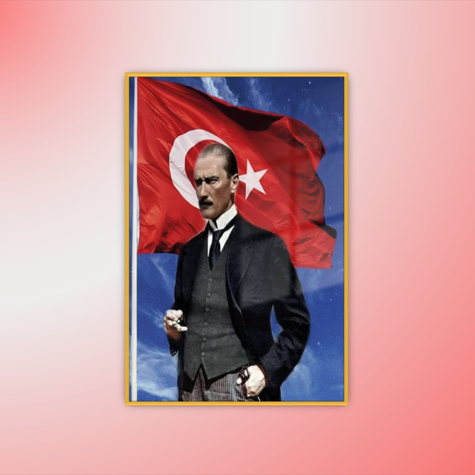 Metal Çerçeveli Temperli Cam Tablo Türk Bayrağı ve Kemal Atatürk