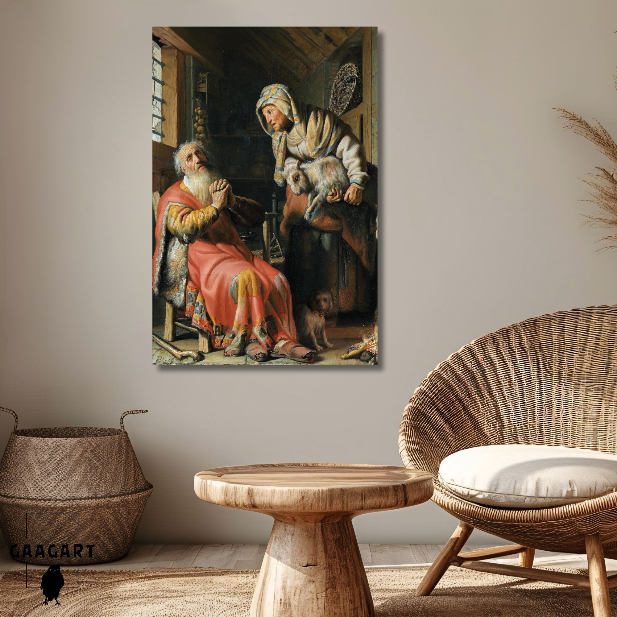 Tekli Dikey Kanvas Tablo Ünlü Eserler Rembrandt van Rijn Tobit and Anna