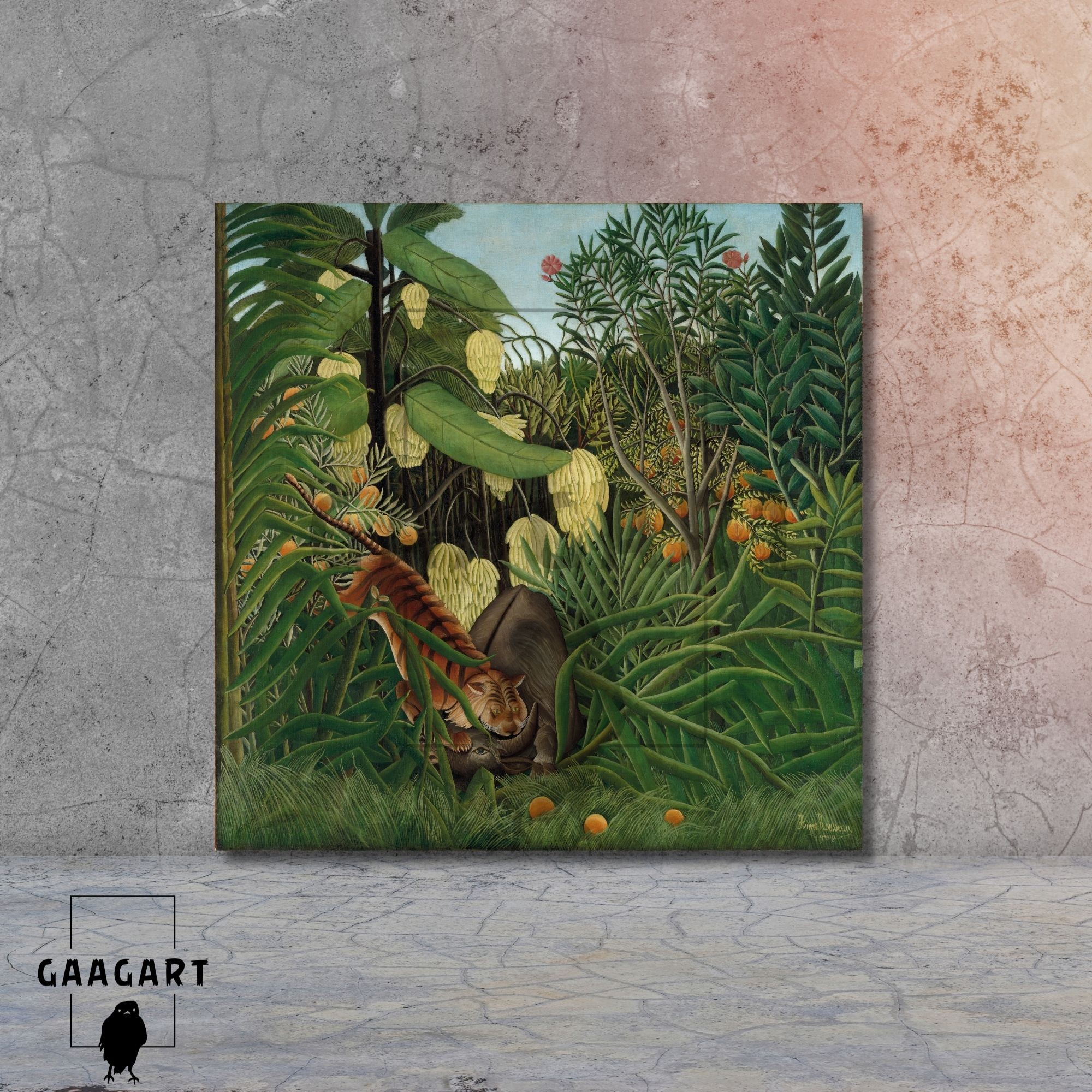 Kare Kanvas Tablo Ünlü Eserler Henri Rousseau-Fight Between A Tiger And A Buffalo (1908)
