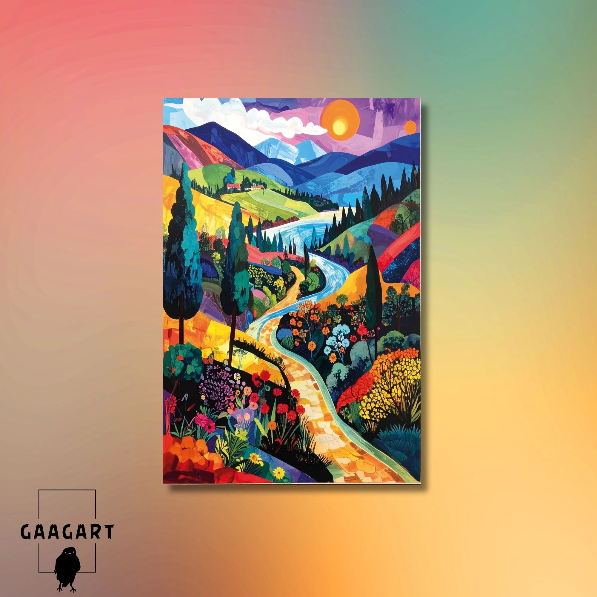 Tekli Dikey Kanvas Tablo Ağaçlar ve Dağlar Manzara Renkli