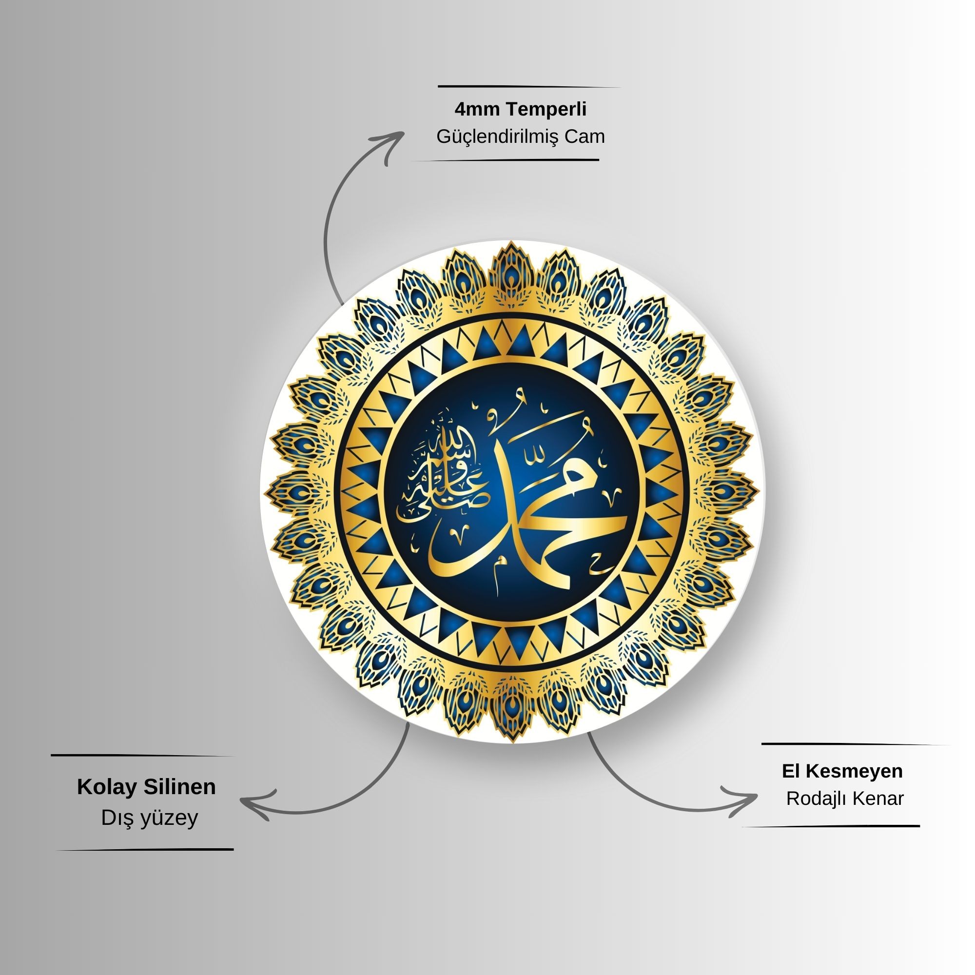 Yuvarlak Temperli Gerçek Cam Dini Tablo Şık Hz. Muhammed (SAV) Lafzı