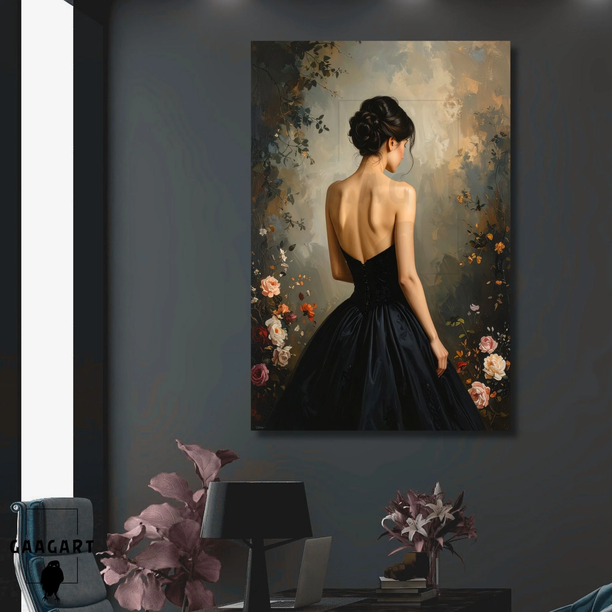 Tekli Dikey Kanvas Tablo Sırt Dekolteli Çiçekli Yağlı Boya Görünümlü Kadın
