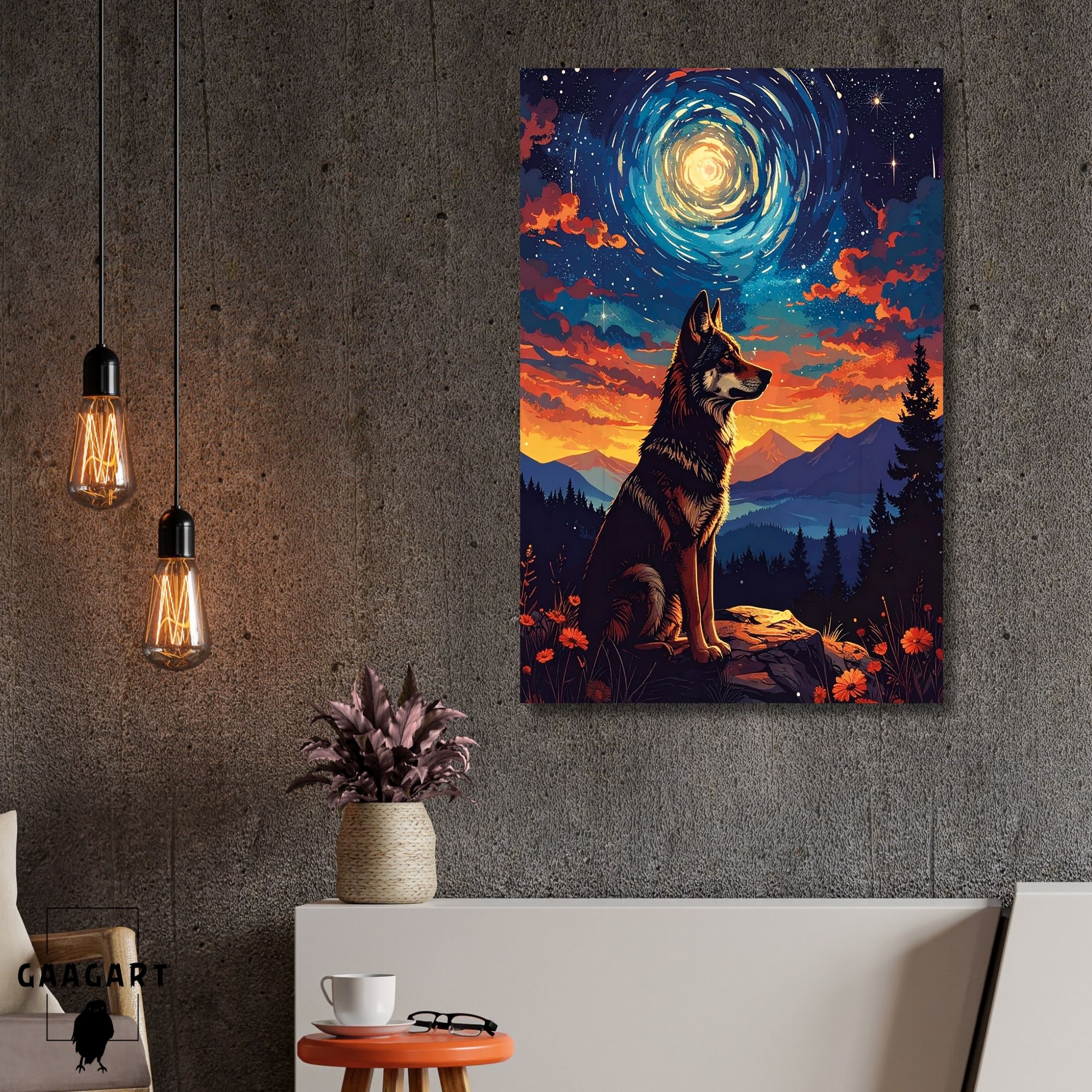 Tekli Dikey Kanvas Tablo Çiçekli Manzara ve Kurt