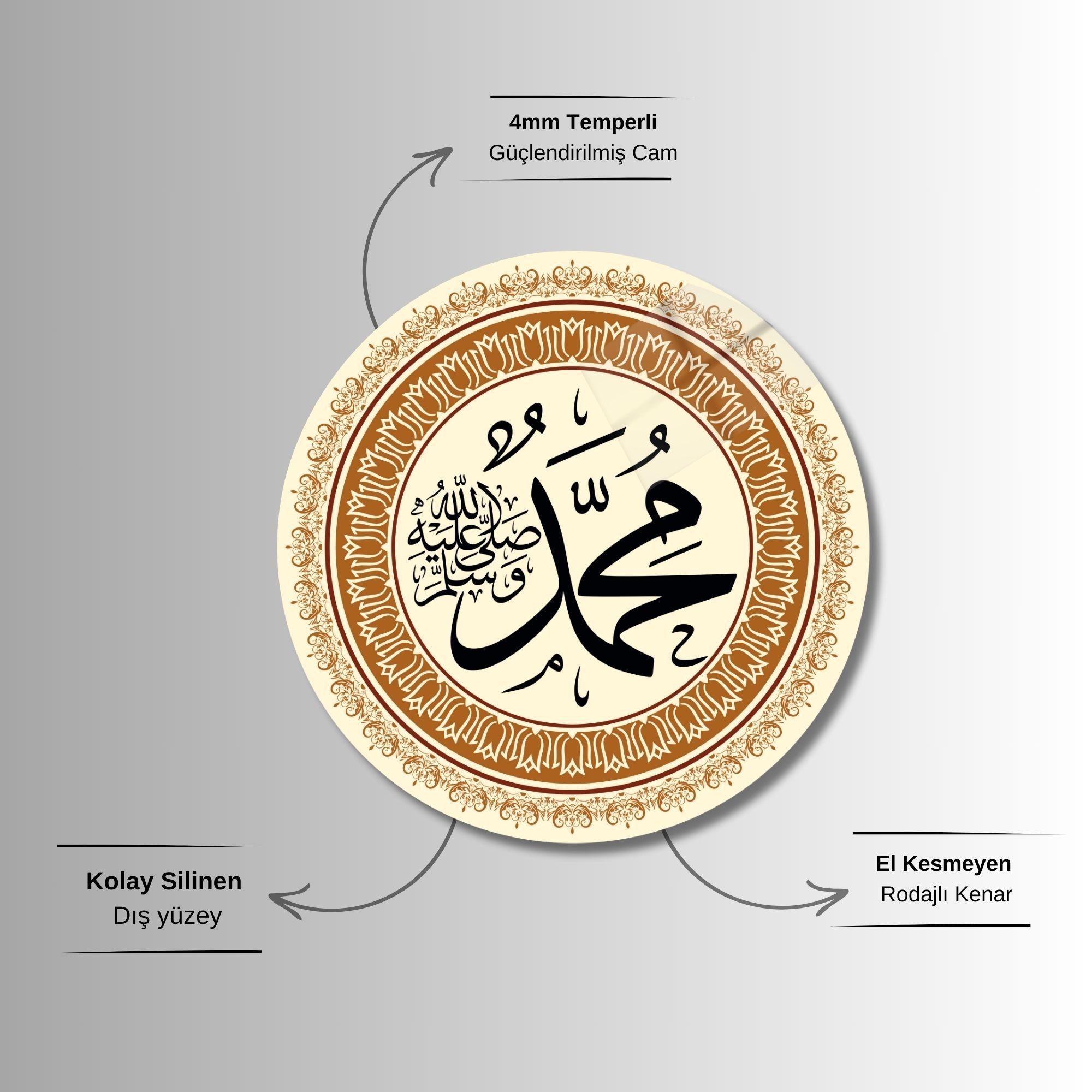 Yuvarlak Temperli Gerçek Cam Dini Tablo Krem Hz. Muhammed Lafzı