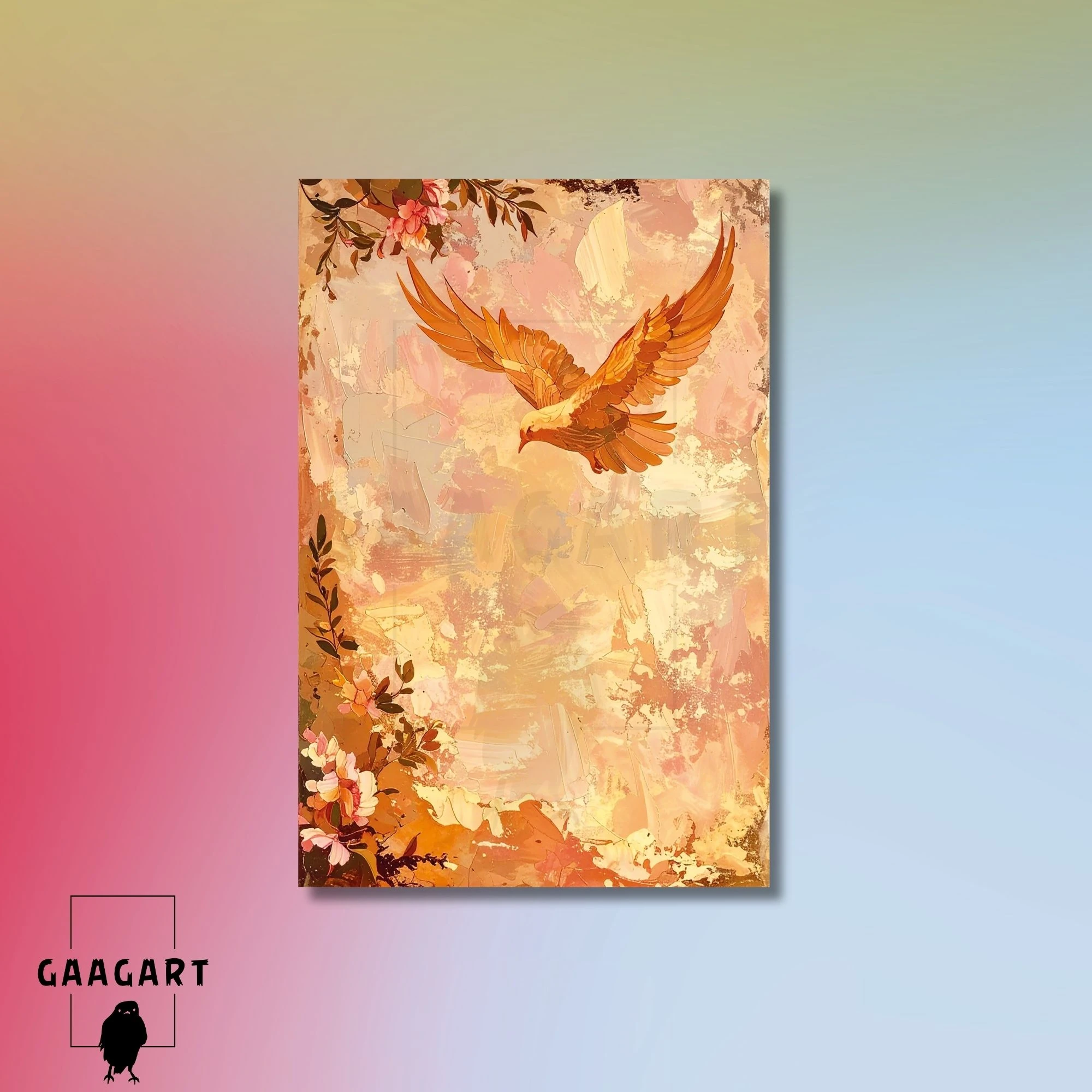 Tekli Dikey Kanvas Tablo Çiçekler ve Kuş Portresi