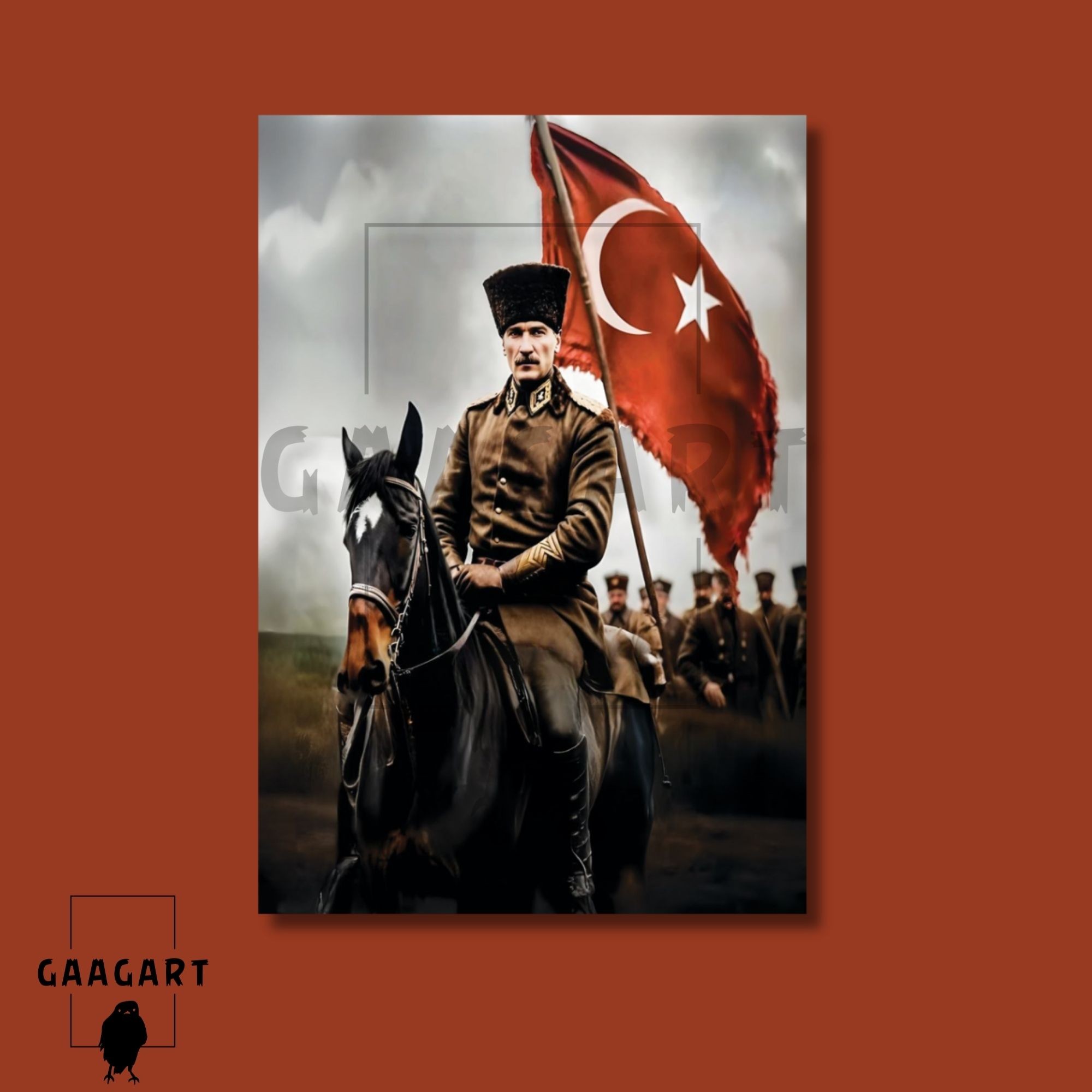 Tekli Dikey Kanvas Duvar Tablosu At Üzerinde Atatürk