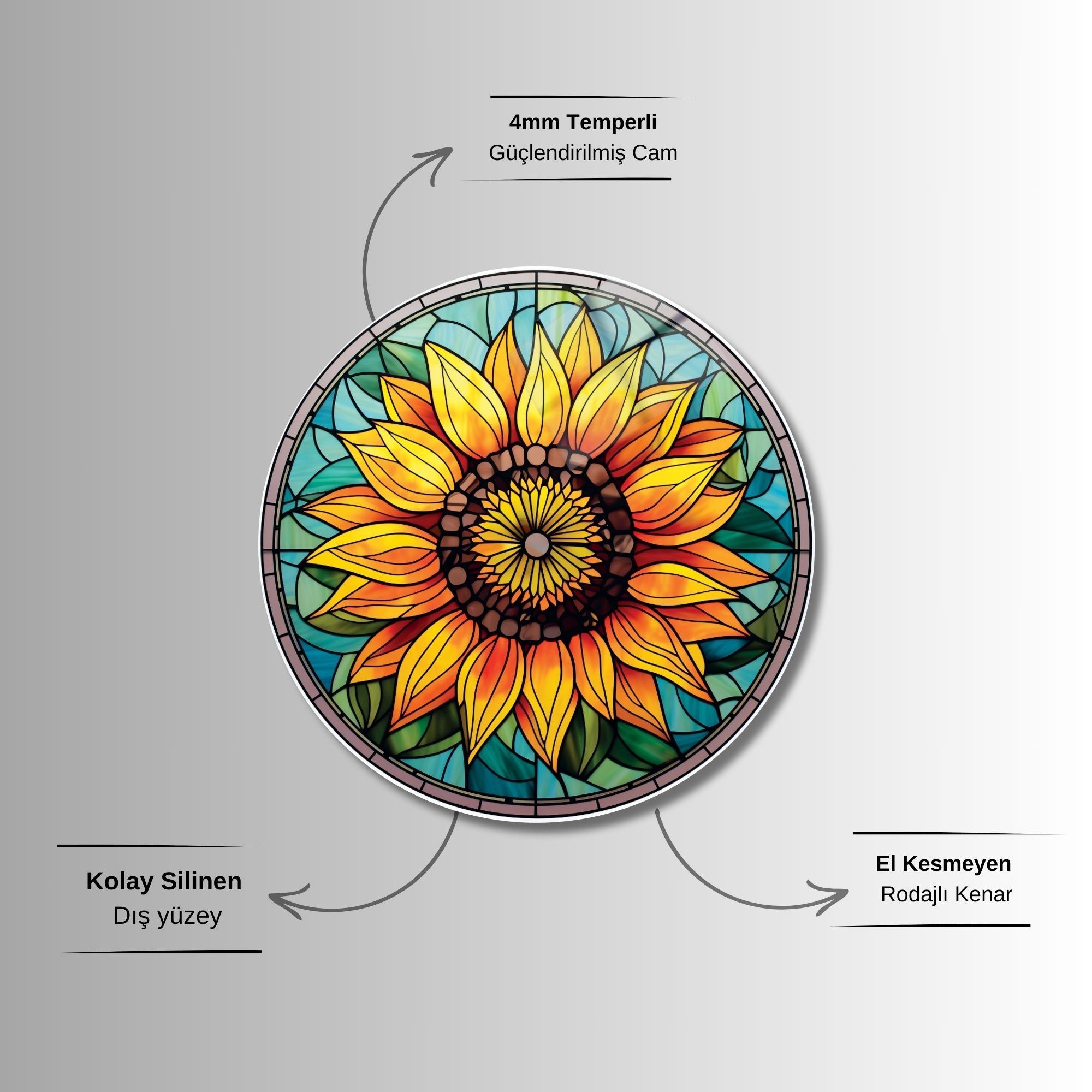 Yuvarlak Temperli Gerçek Cam Tablo Ayçiçeği Desenli Vitray