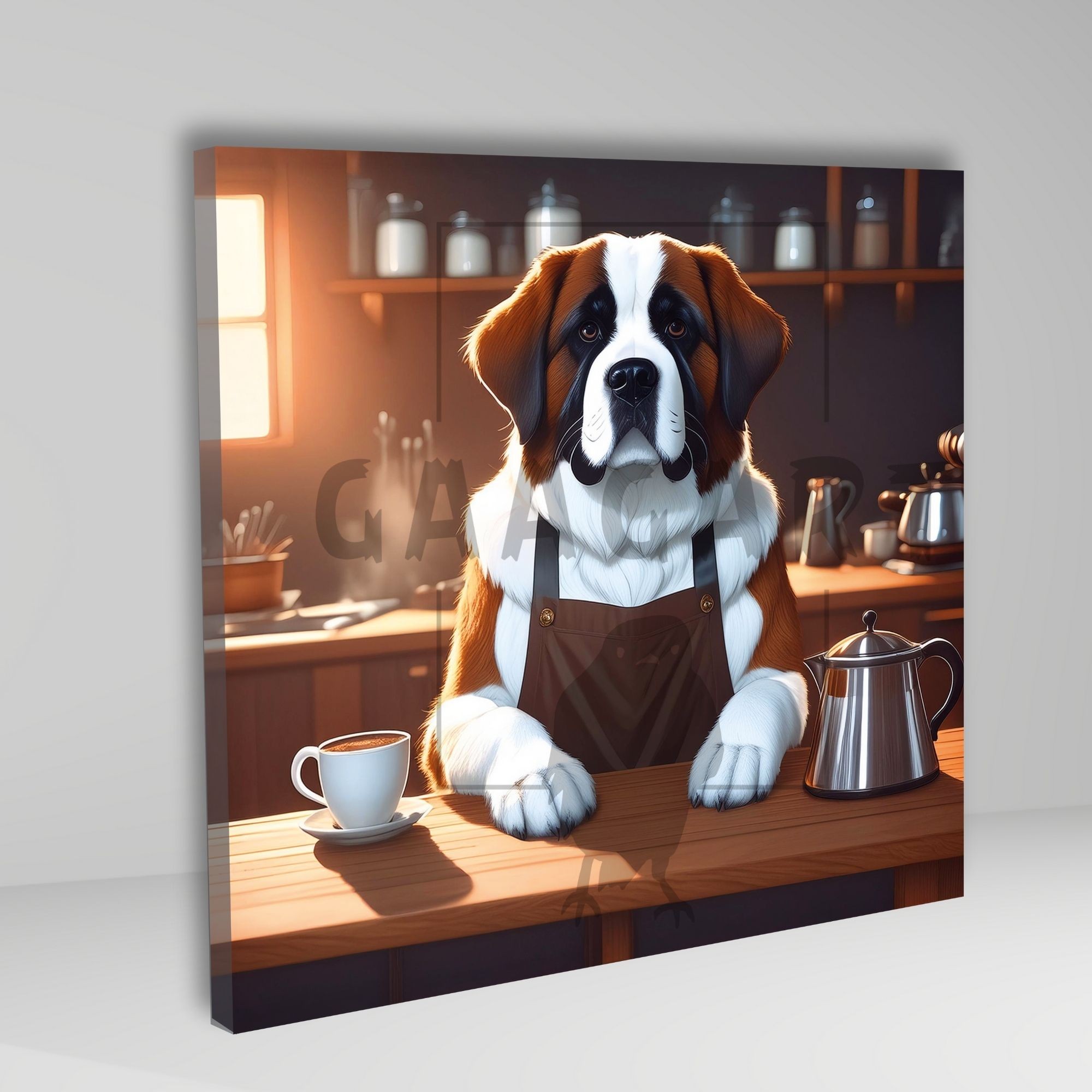 Kare Kanvas Kahve Köşesi Cafe Tablosu Barista Saint Bernard Köpek