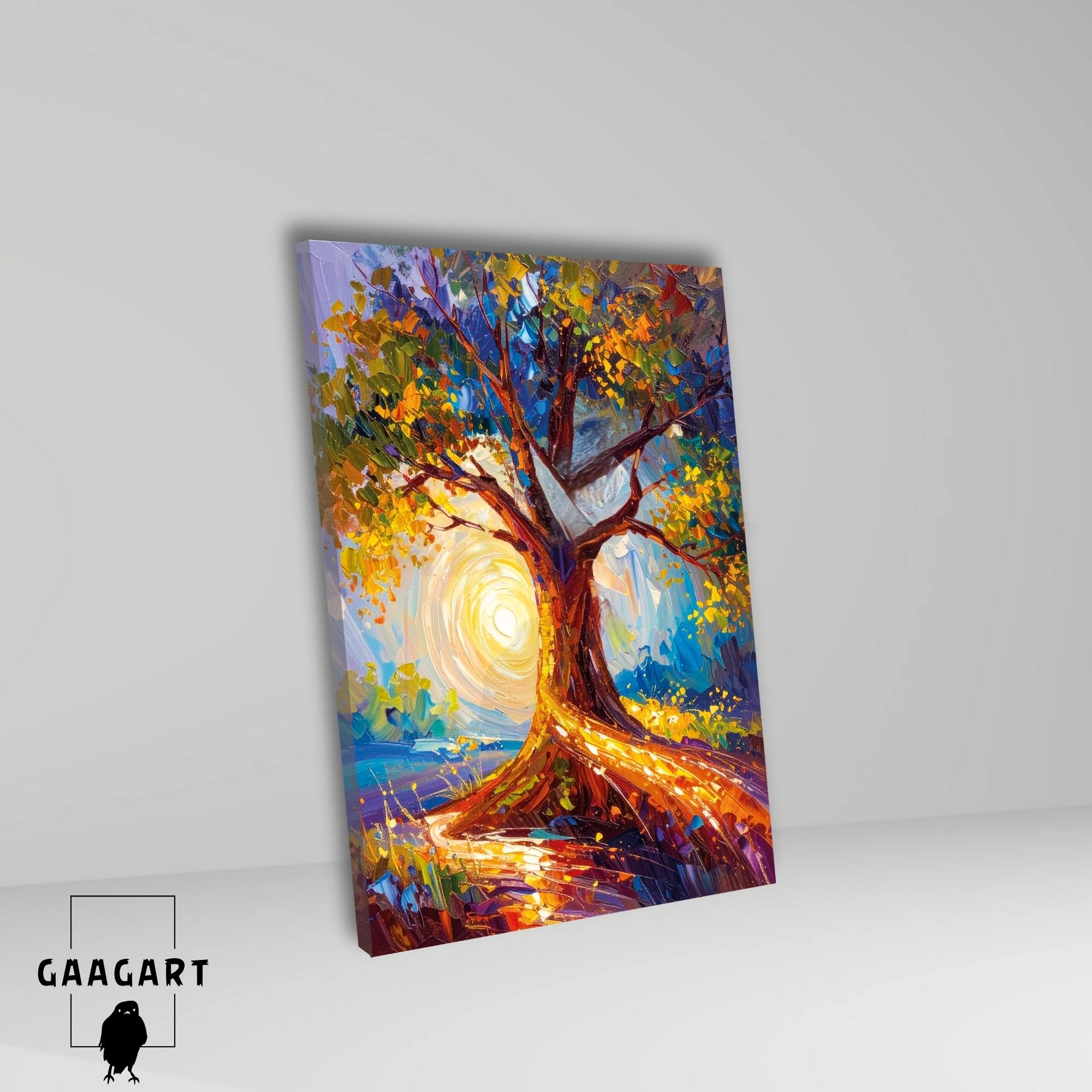 Tekli Dikey Kanvas Tablo Yağlı Boya Görünümlü Renkli Ağaç