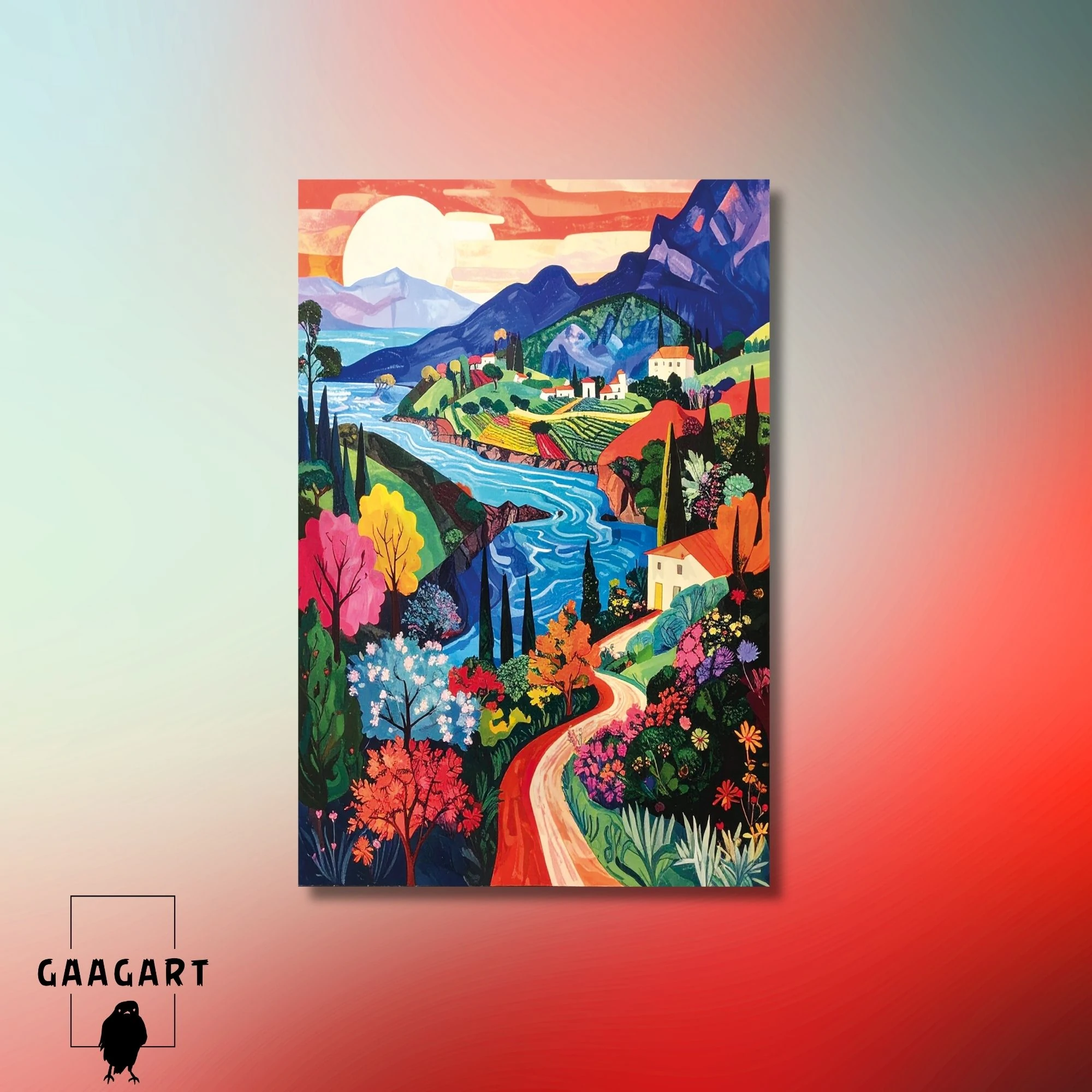 Tekli Dikey Kanvas Tablo Nehir Evler ve Yol Manzarası