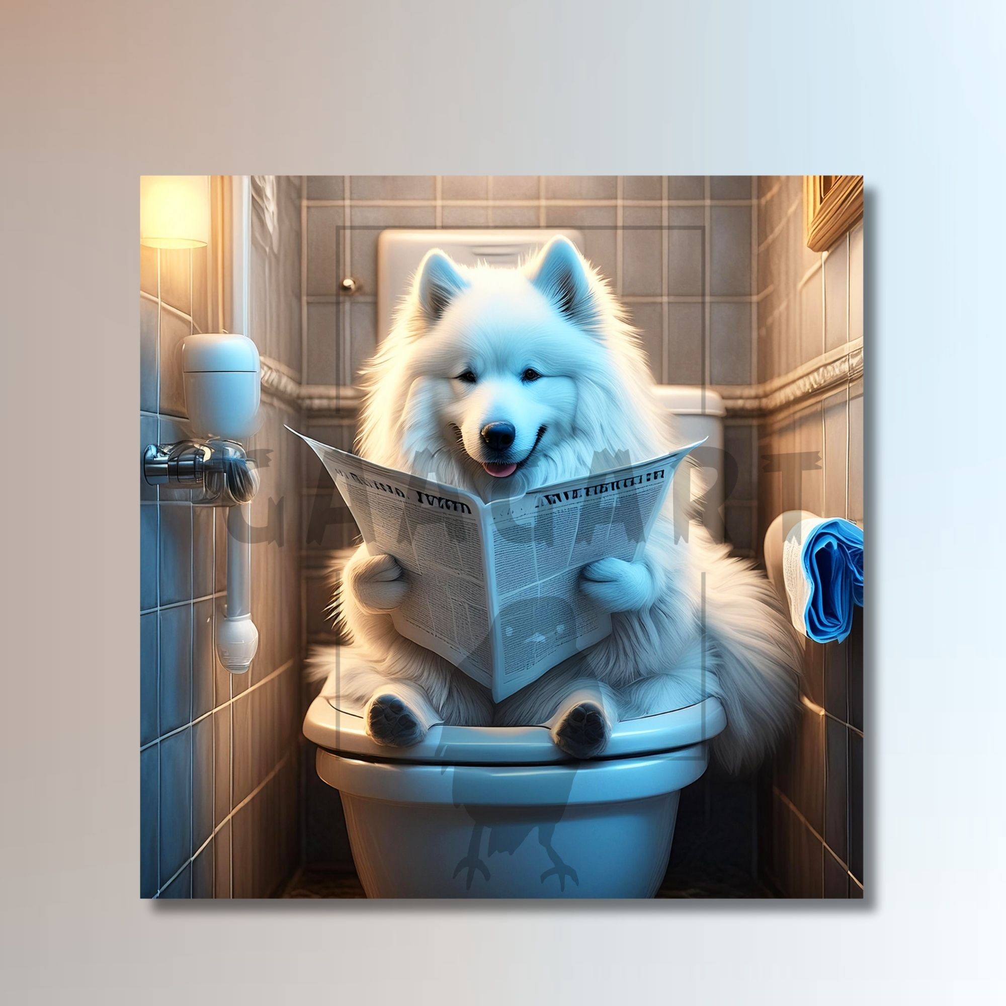 Tekli Kare Kanvas Banyo Tablosu Gazete Okuyan Samoyed Köpek