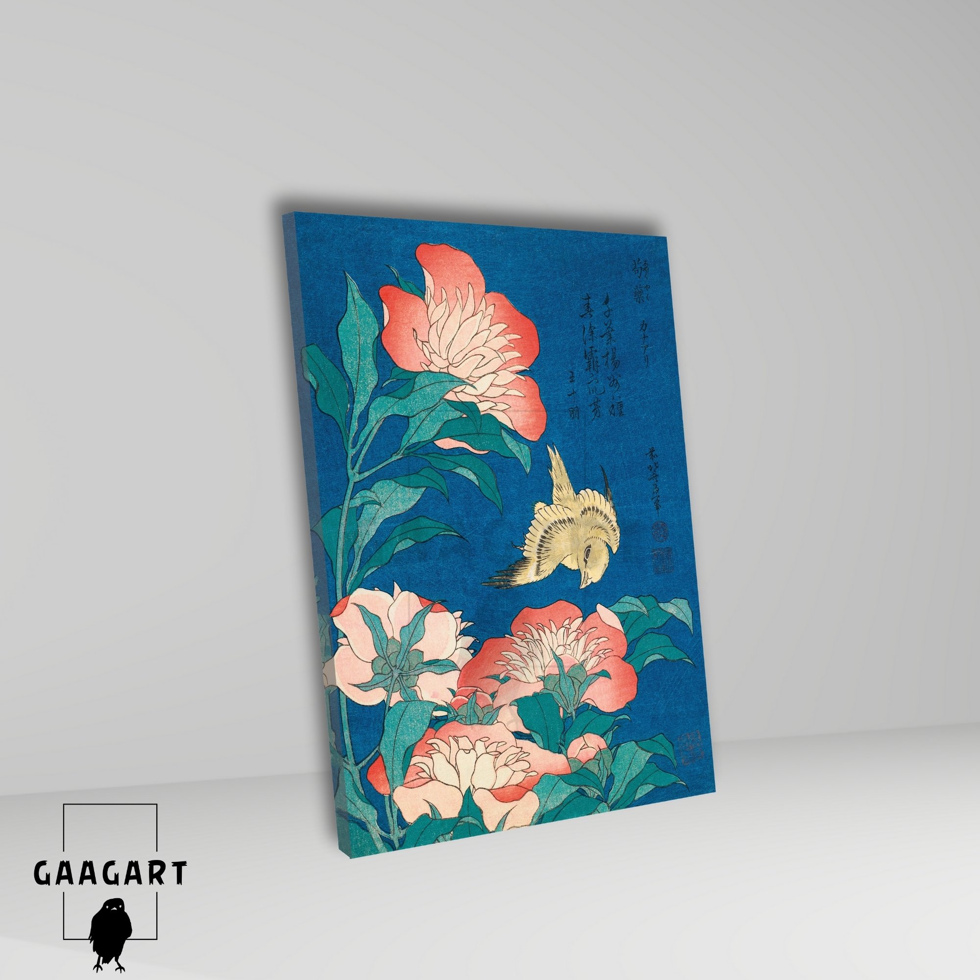 Tekli Dikey Kanvas Tablo Ünlü Eserler Katsushika Hokusai Canary And Peonary