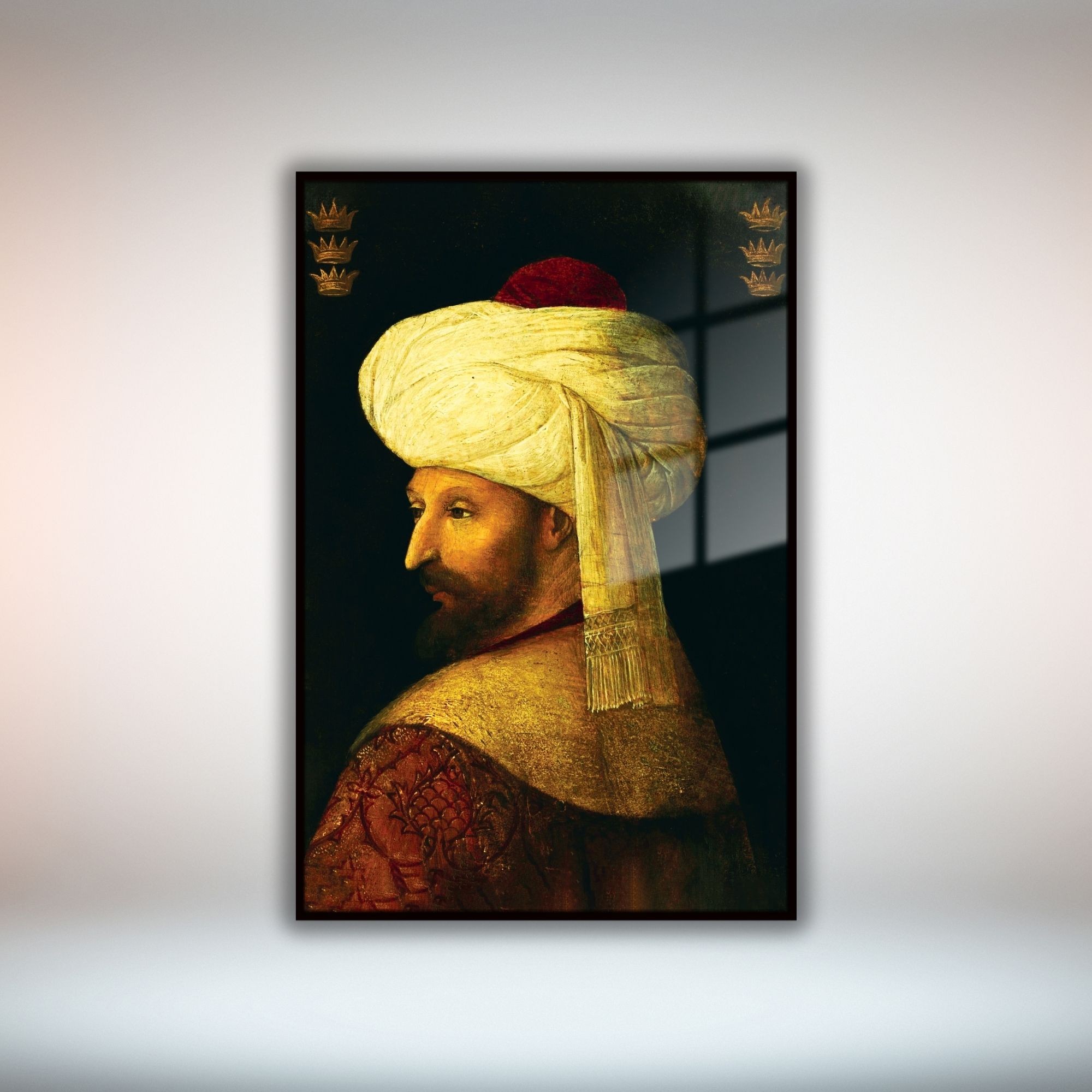 Metal Çerçeveli Temperli Cam Tablo Fatih Sultan Mehmet Portresi