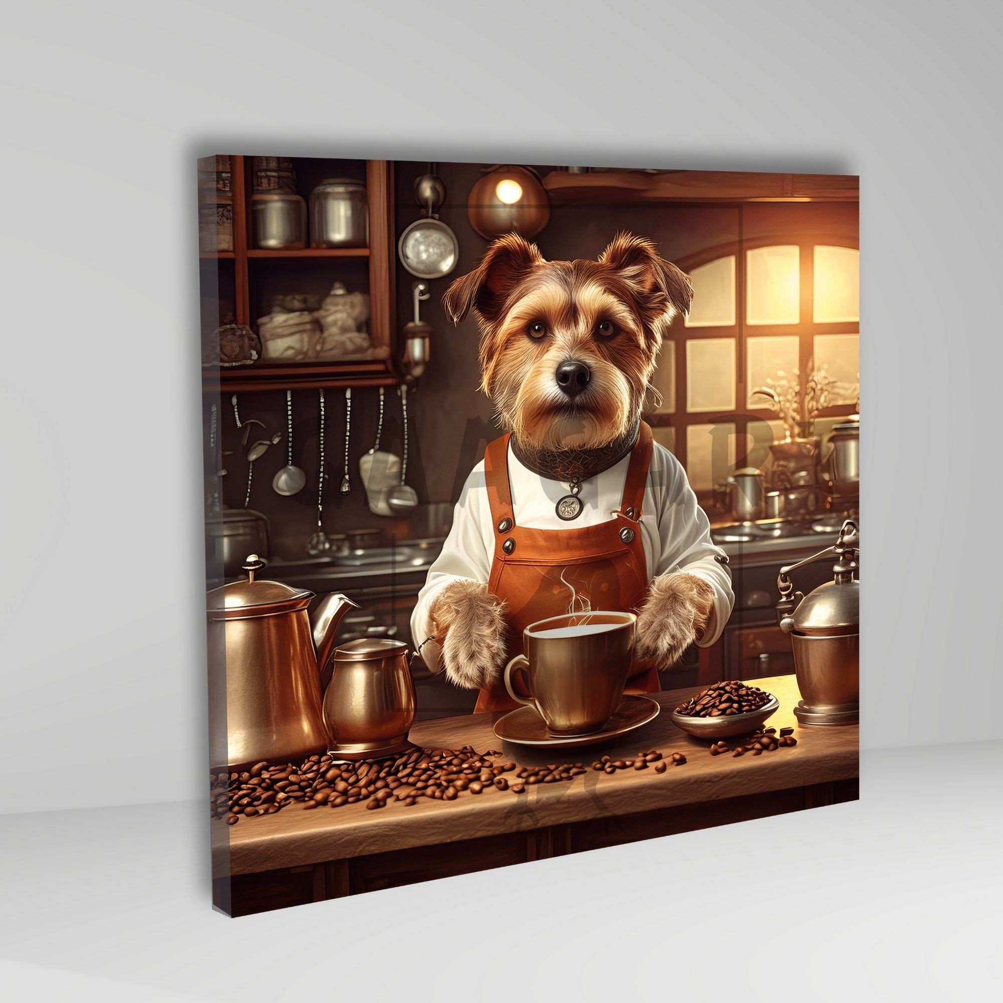 Kare Kanvas Kahve Köşesi Cafe Tablosu Barista Kahverengi Terrier