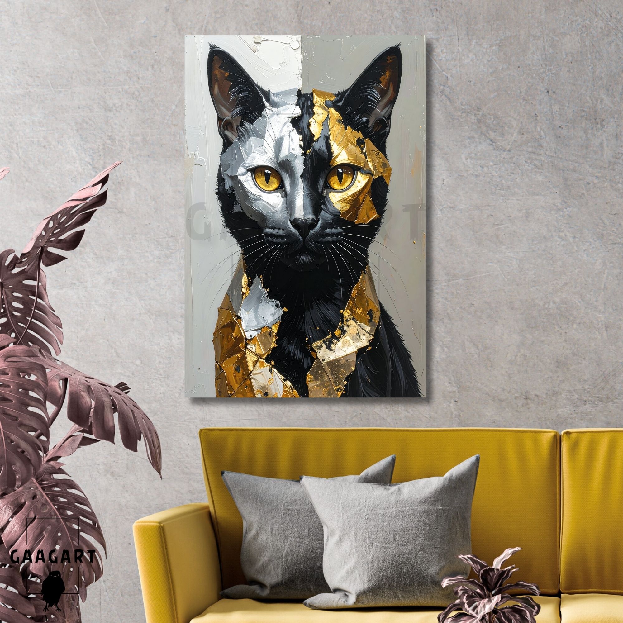 Tekli Dikey Kanvas Tablo Sanatsal Gold Gümüş Siyah Kedi