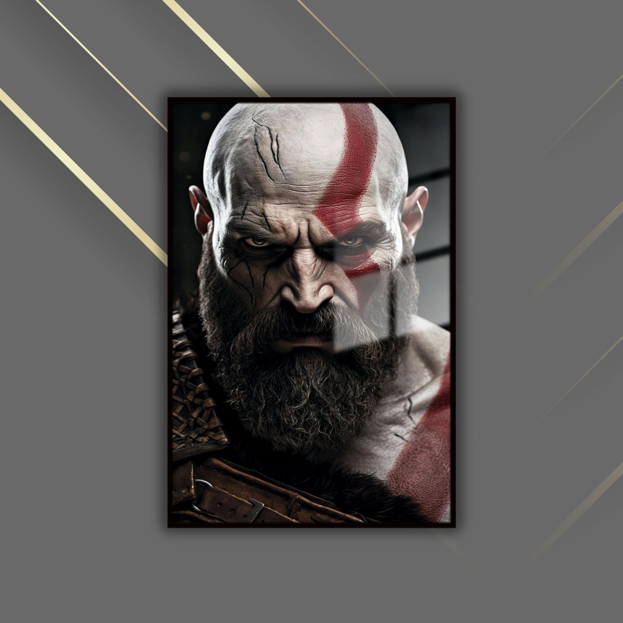 Metal Çerçeveli Temperli Cam Tablo God of War Karakteri Kratos