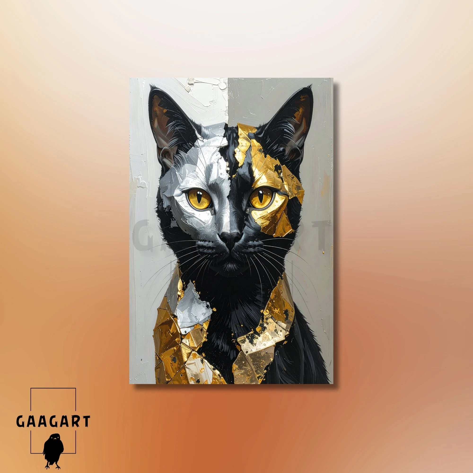 Tekli Dikey Kanvas Tablo Sanatsal Gold Gümüş Siyah Kedi