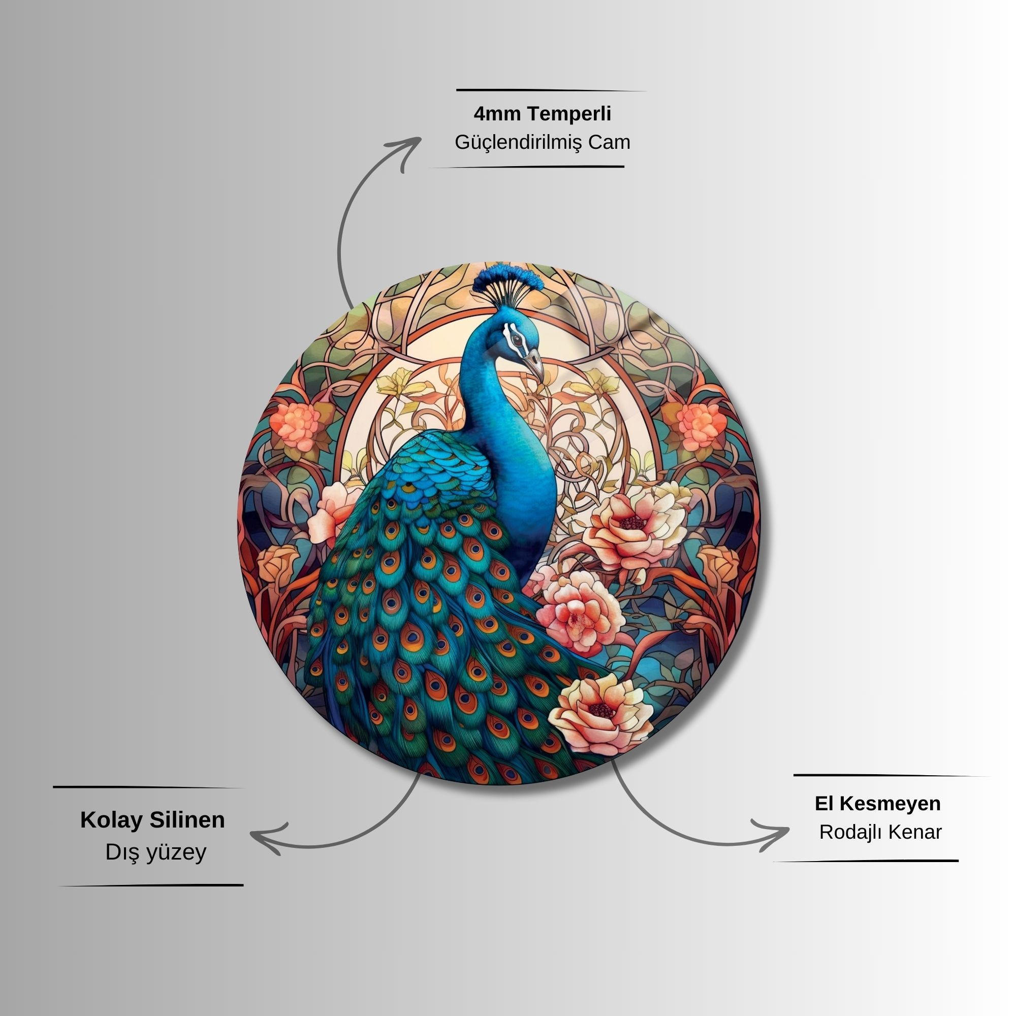 Yuvarlak Temperli Gerçek Cam Tablo Tavus Kuşu Görselli Vitray