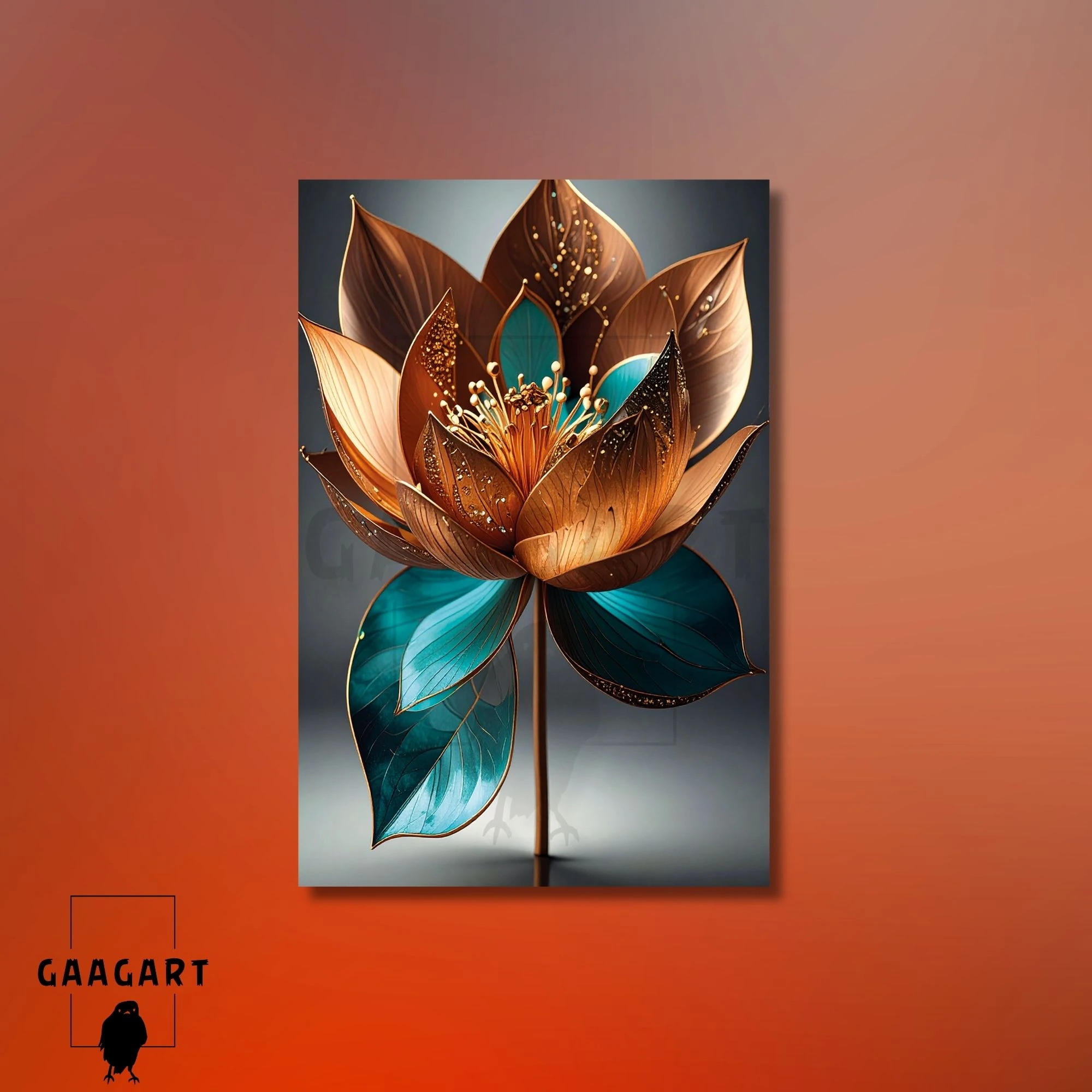 Tekli Dikey Kanvas Tablo Bakır Turkuaz Lotus Çiçeği