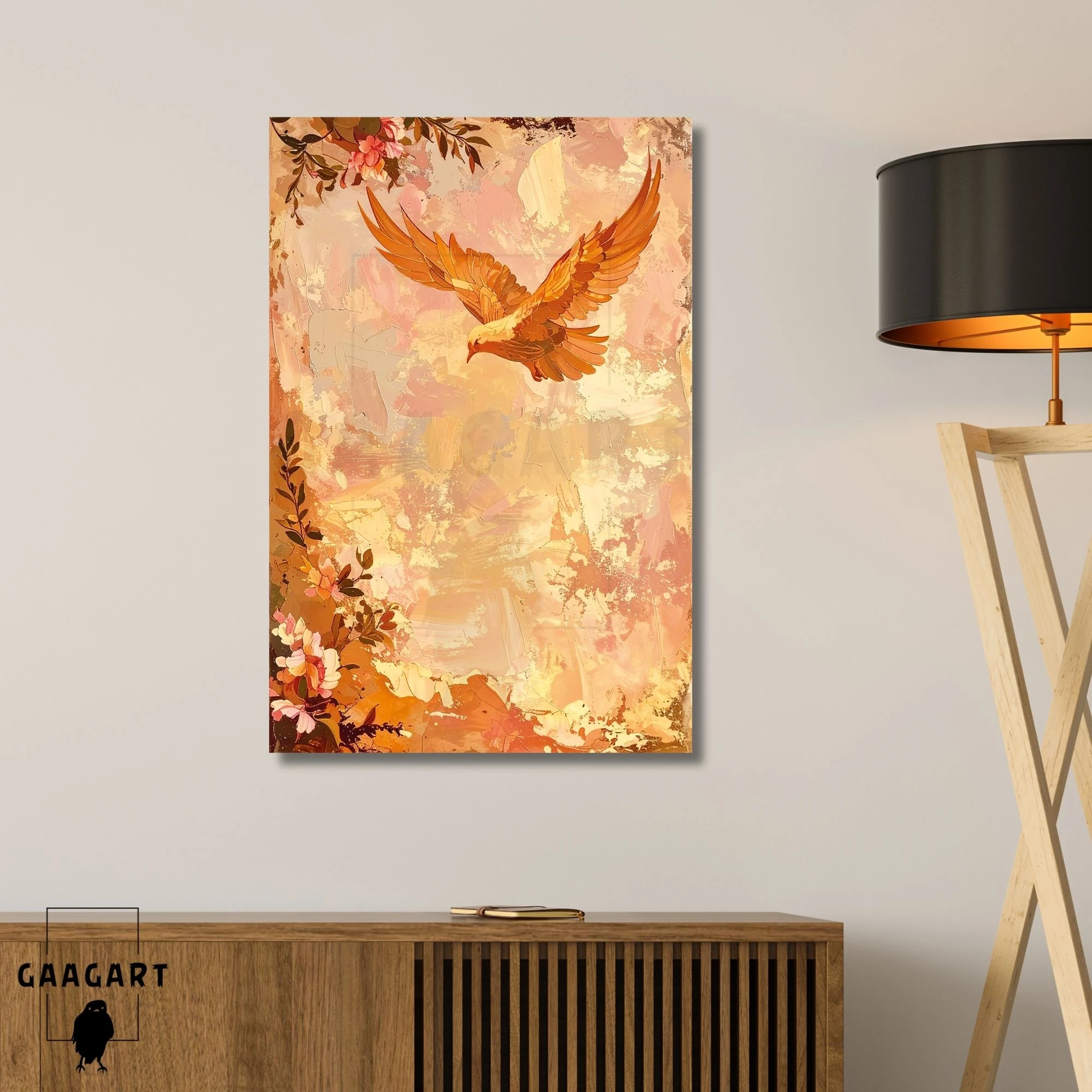 Tekli Dikey Kanvas Tablo Çiçekler ve Kuş Portresi