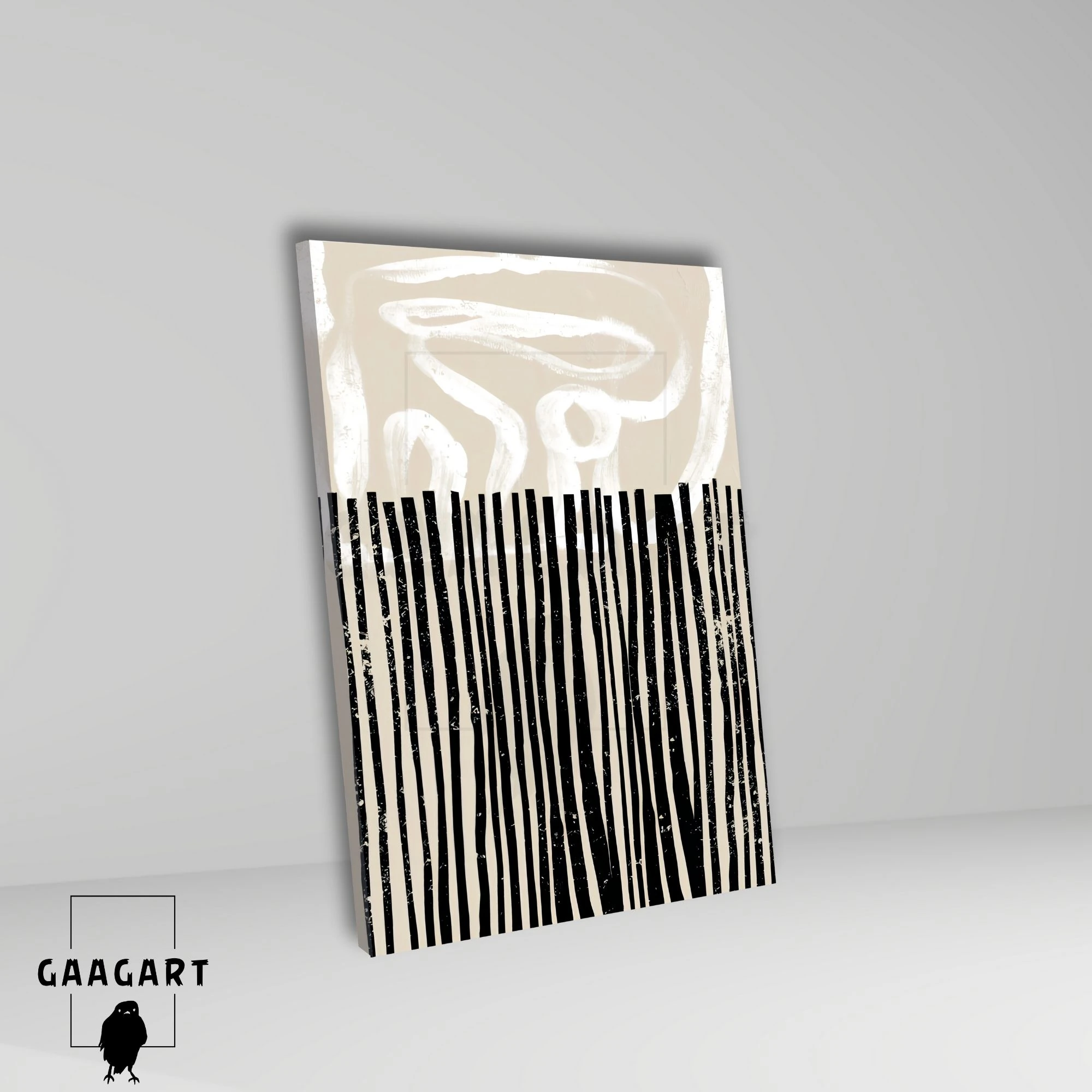 Tekli Dikey Kanvas Tablo Soyut Kremrengi Siyah Bohem Desen