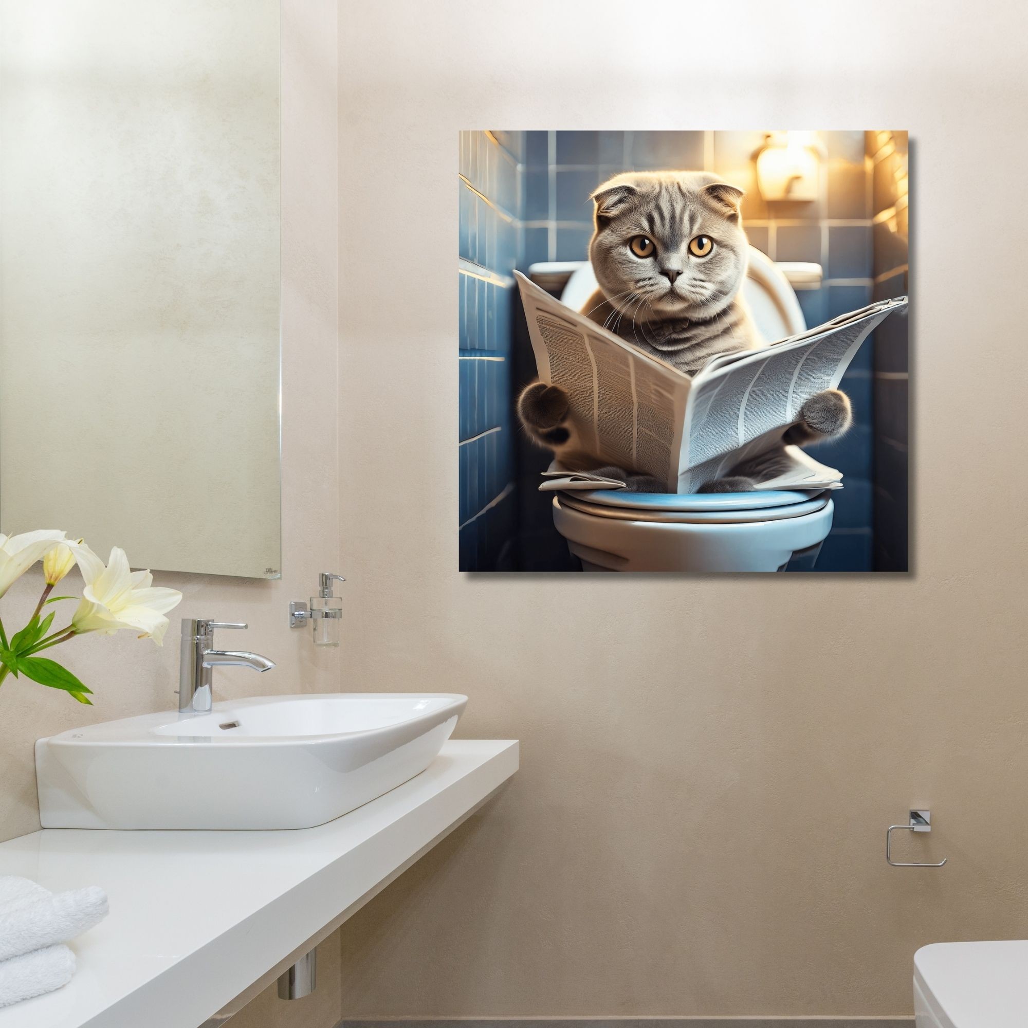 Tekli Kare Kanvas Banyo Tablosu Gazete Okuyan Scottish Fold