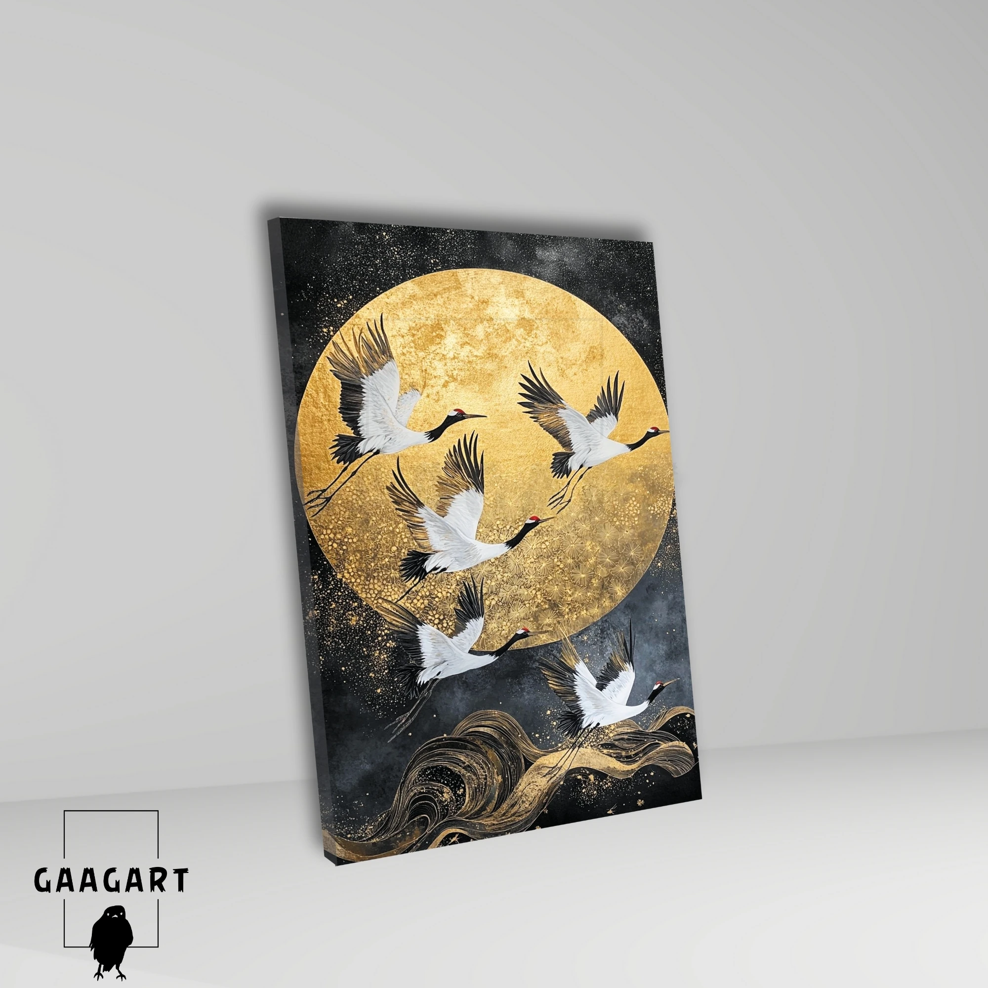 Tekli Dikey Kanvas Tablo Yağlı Boya Görünümlü Gold Ay ve Leylekler