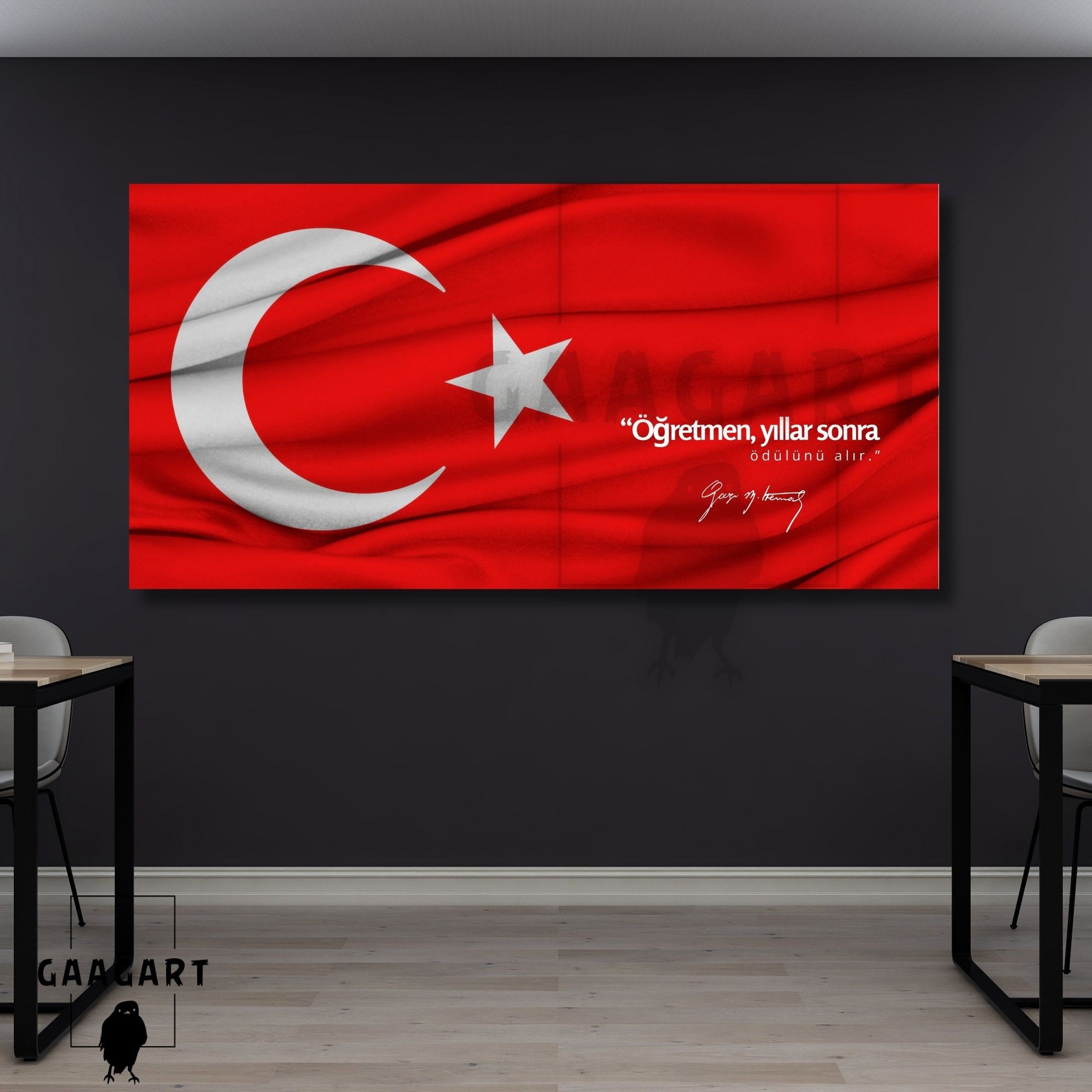 Panoramik Kanvas Makam Panosu Türk Bayrağı Atatürk “Öğretmen, yıllar sonra ödülünü alır.”