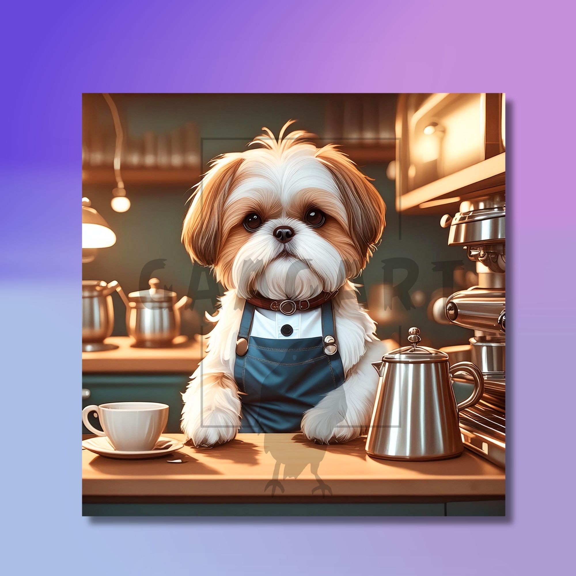 Kare Kanvas Kahve Köşesi Cafe Tablosu Barista Shih Tzu Köpek