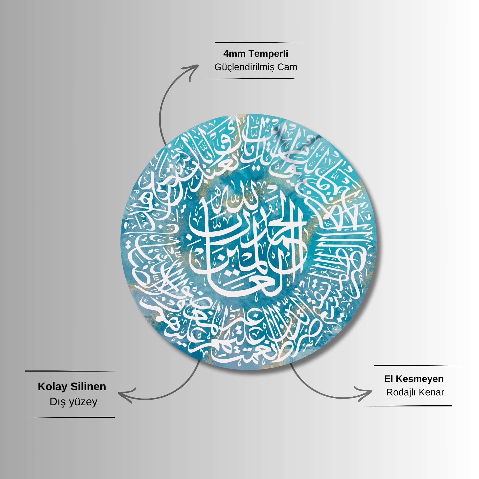 Yuvarlak Temperli Gerçek Cam Dini Tablo Fatiha Suresi Tasarımı