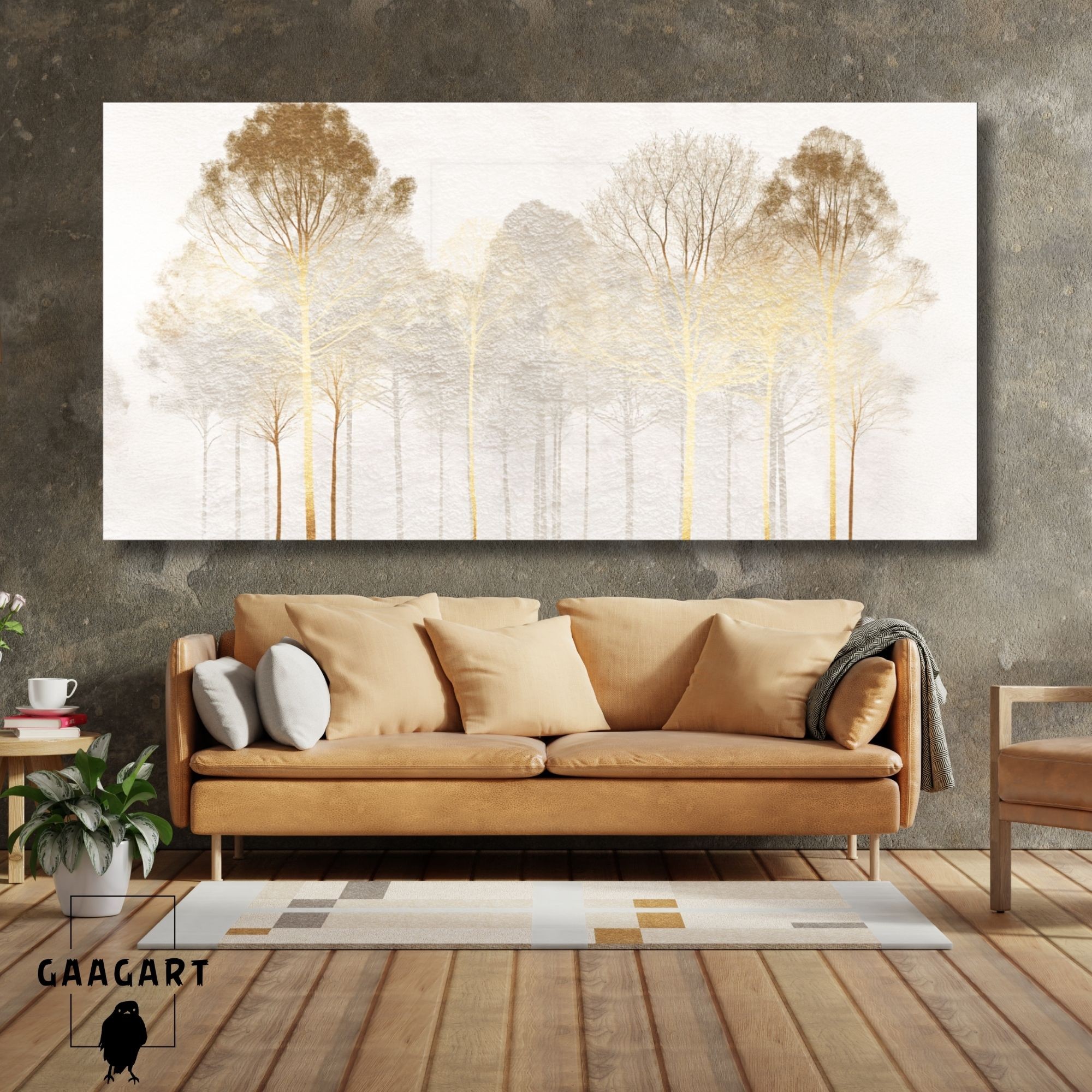 Panoramik Kanvas Duvar Tablosu Gold Soft Ağaç Manzarası