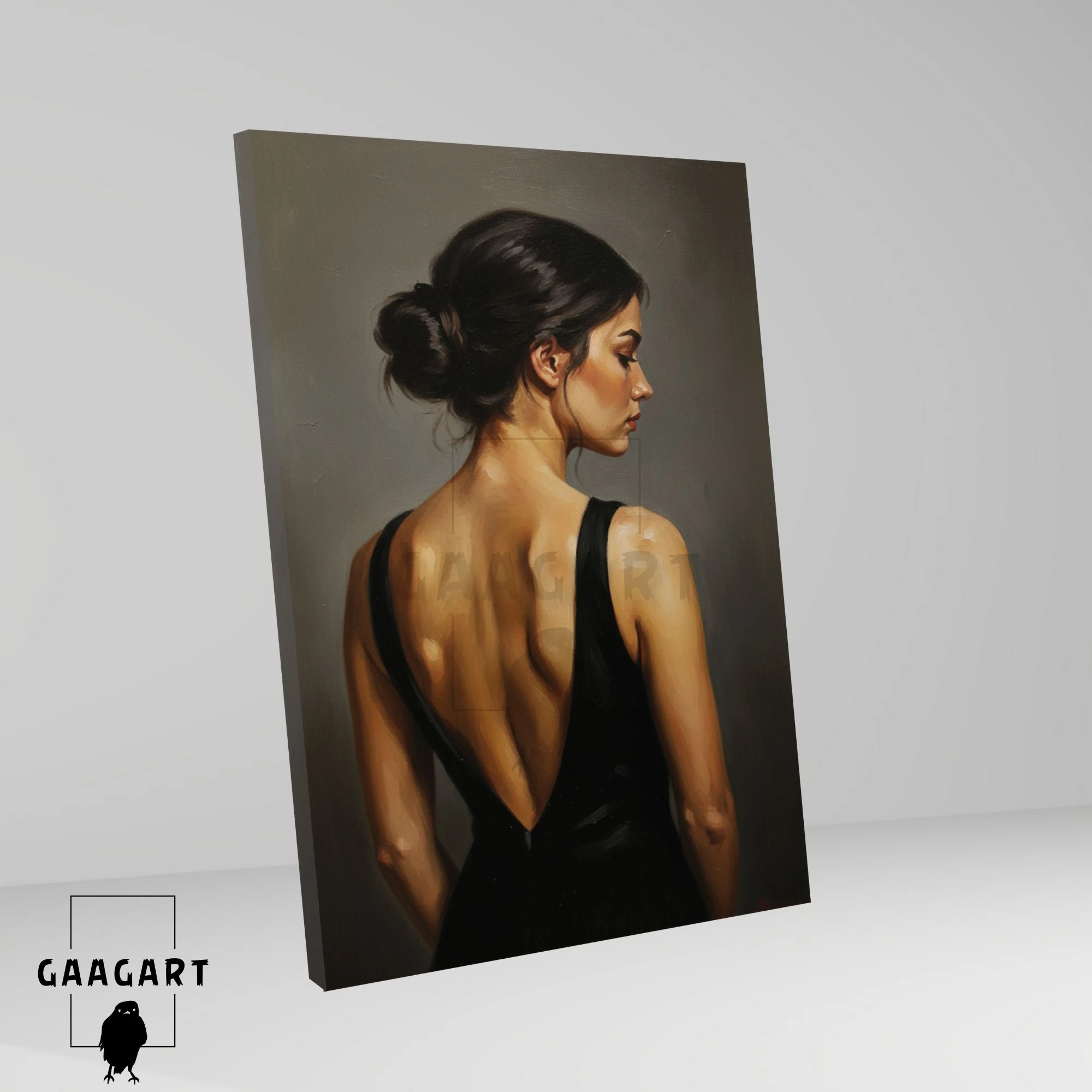 Tekli Dikey Kanvas Tablo Sırt Dekolteli Yağlı Boya Görünümlü Kadın