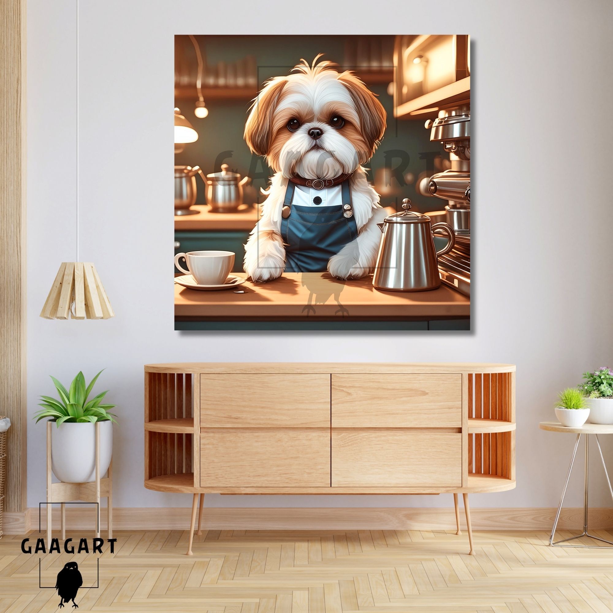 Kare Kanvas Kahve Köşesi Cafe Tablosu Barista Shih Tzu Köpek