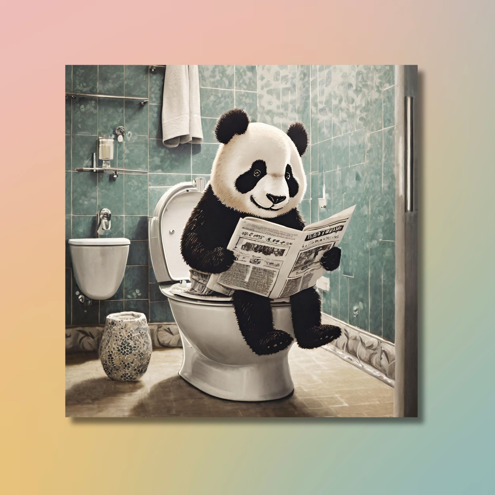 Tekli Kare Kanvas Banyo Tablosu Gazete Okuyan Panda