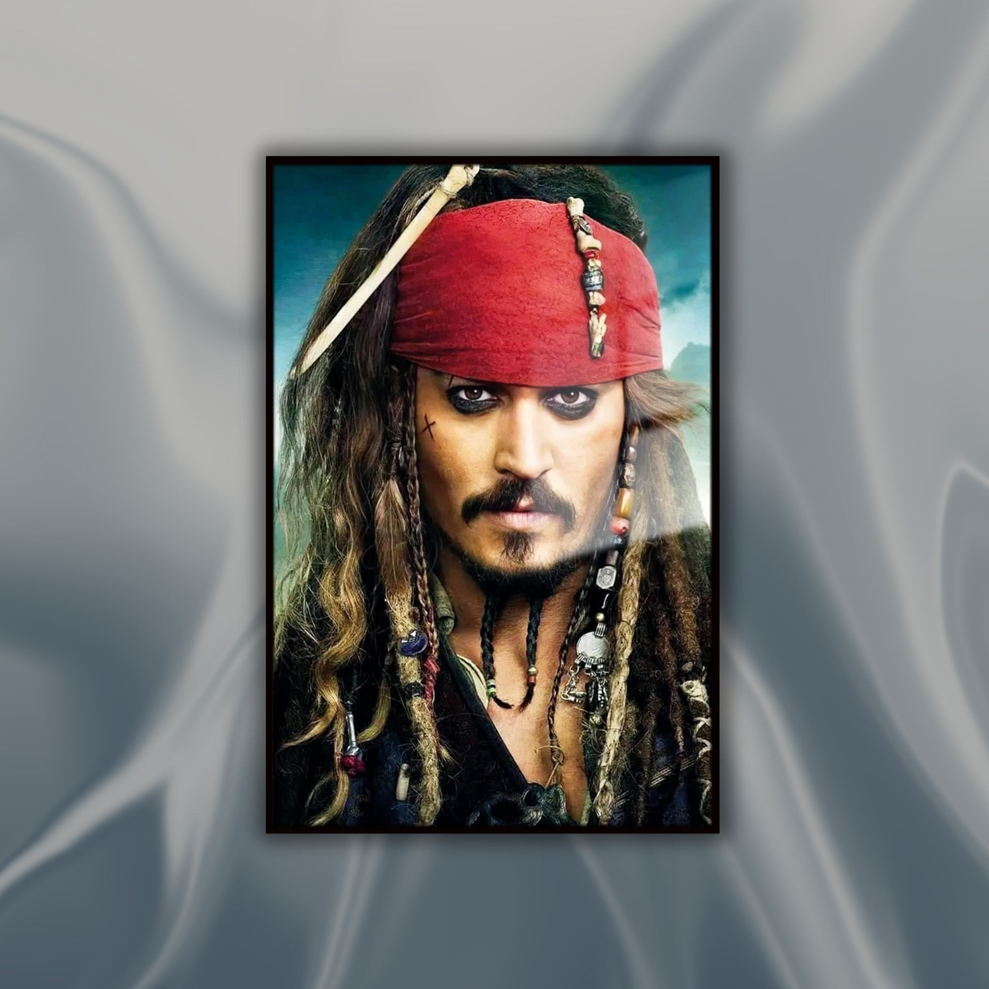 Metal Çerçeveli Temperli Cam Tablo Captain Jack Sparrow