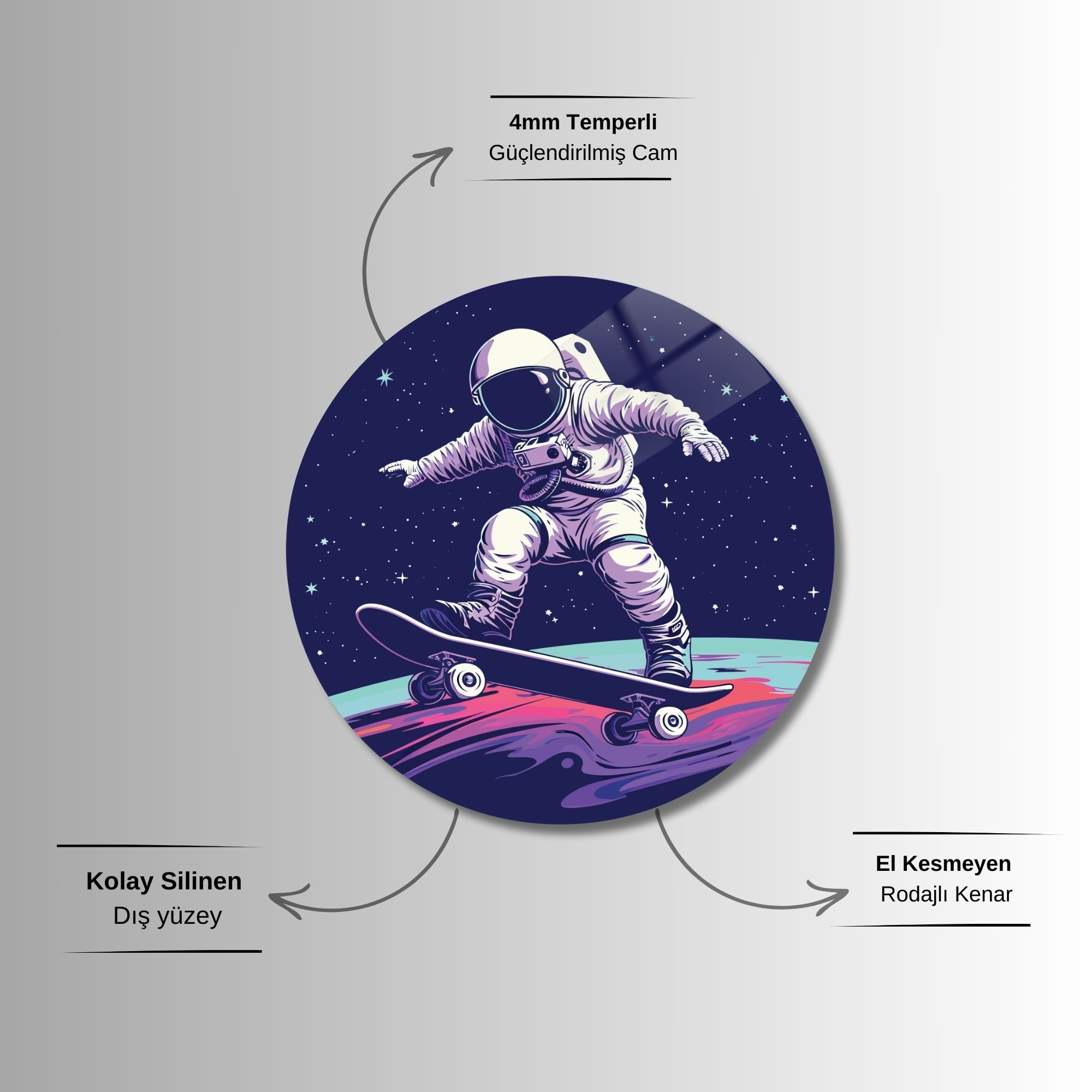 Yuvarlak Temperli Gerçek Cam Tablo Uzayda Astronot ve Kaykay