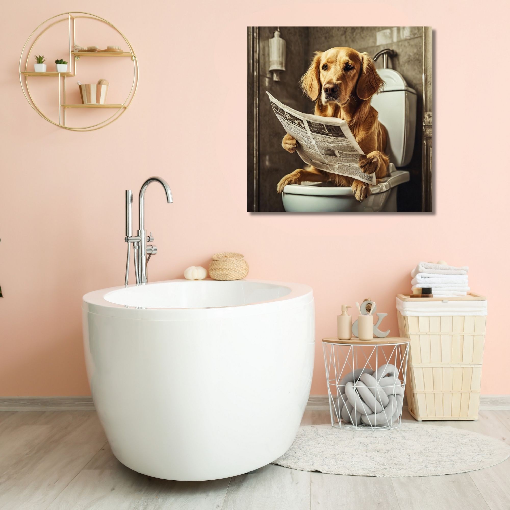 Tekli Kare Kanvas Banyo Tablosu Gazete Okuyan Golden Cins Köpek