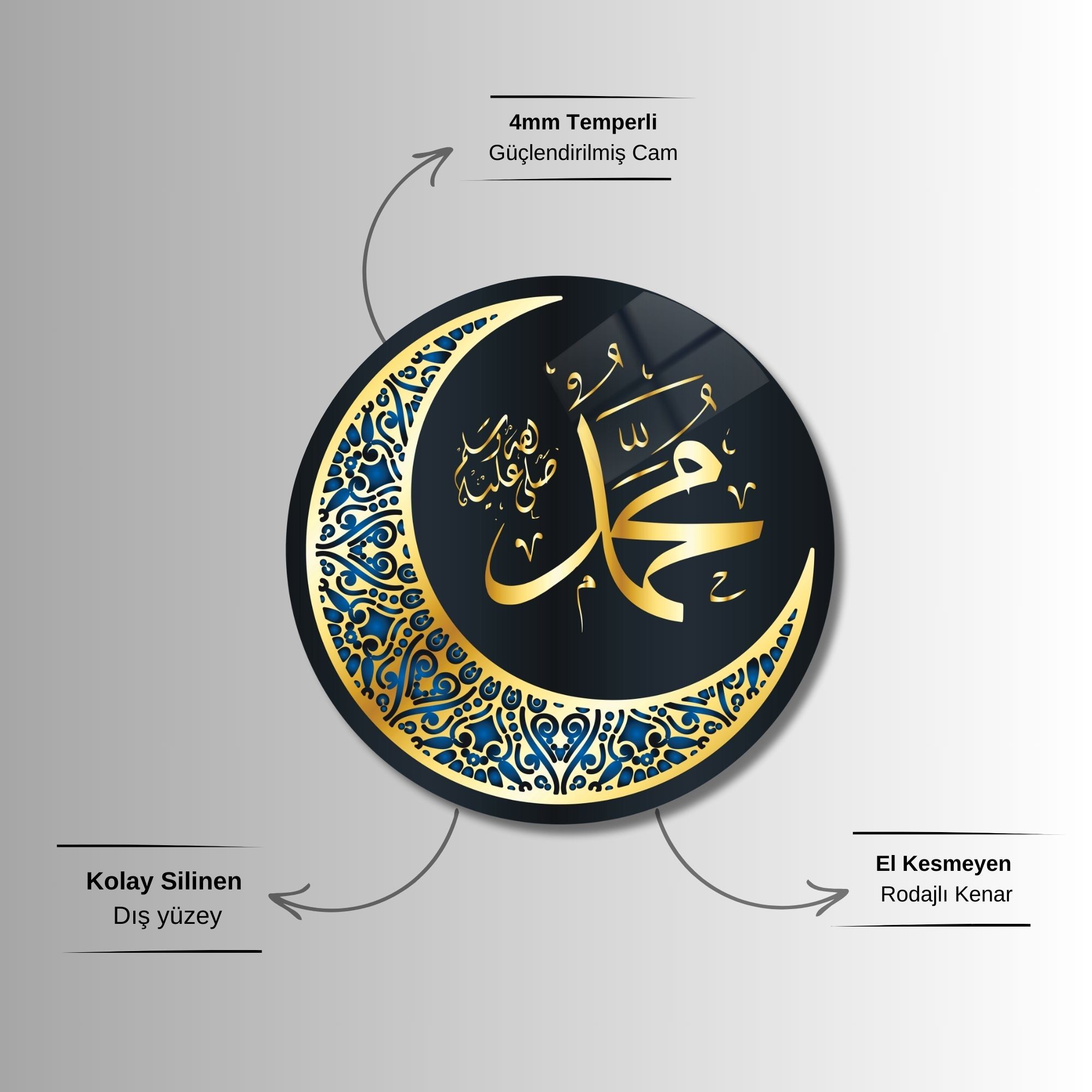 Yuvarlak Temperli Gerçek Cam Dini Tablo Mavi Hz. Muhammed Lafzı