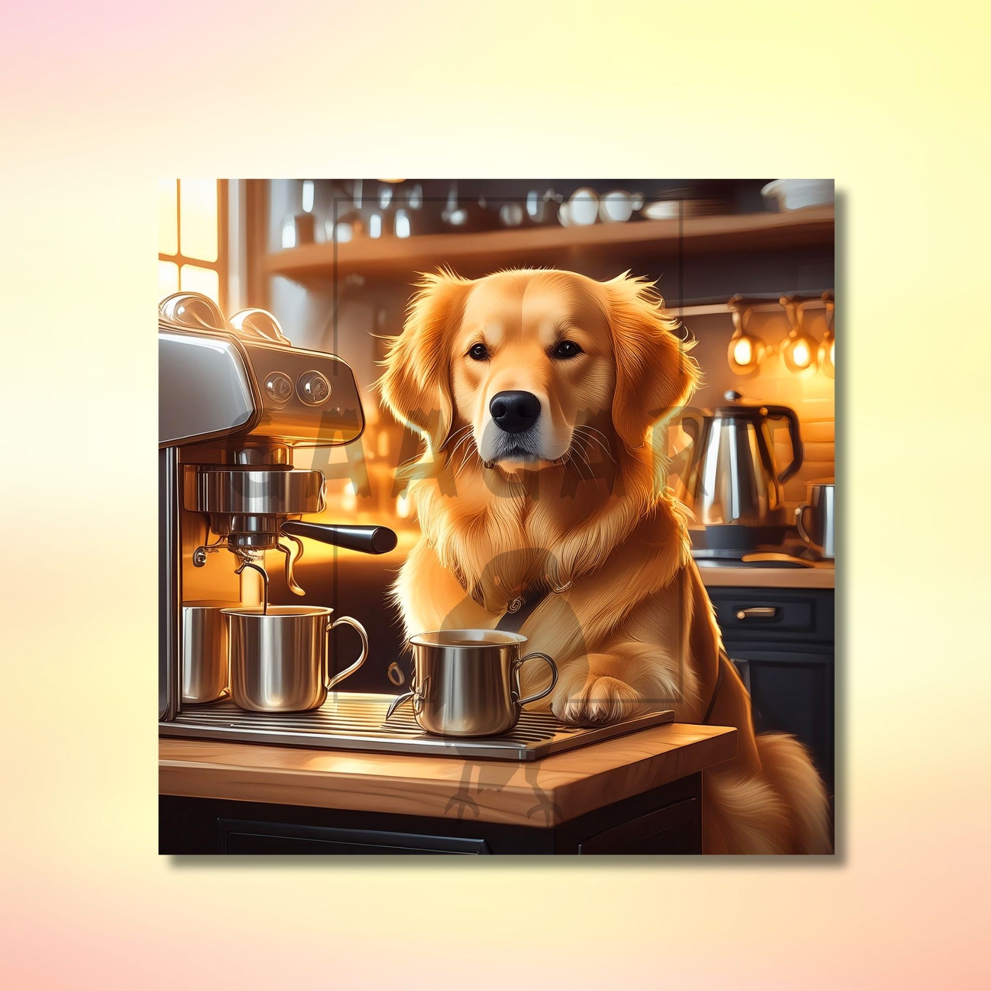 Kare Kanvas Kahve Köşesi Cafe Tablosu Barista Golden Retriever