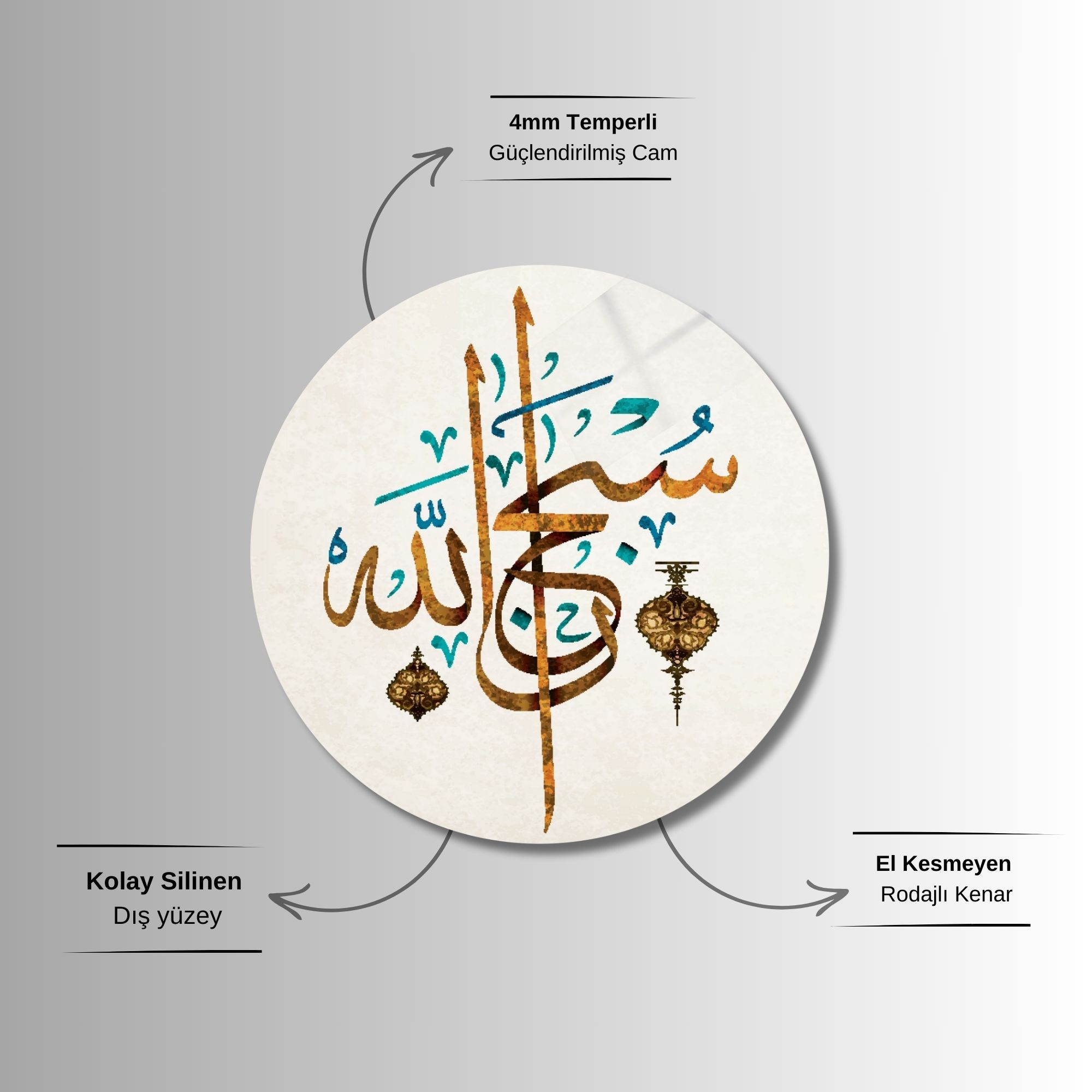 Yuvarlak Temperli Gerçek Cam Dini Tablo Sübhanallah Tasarımı