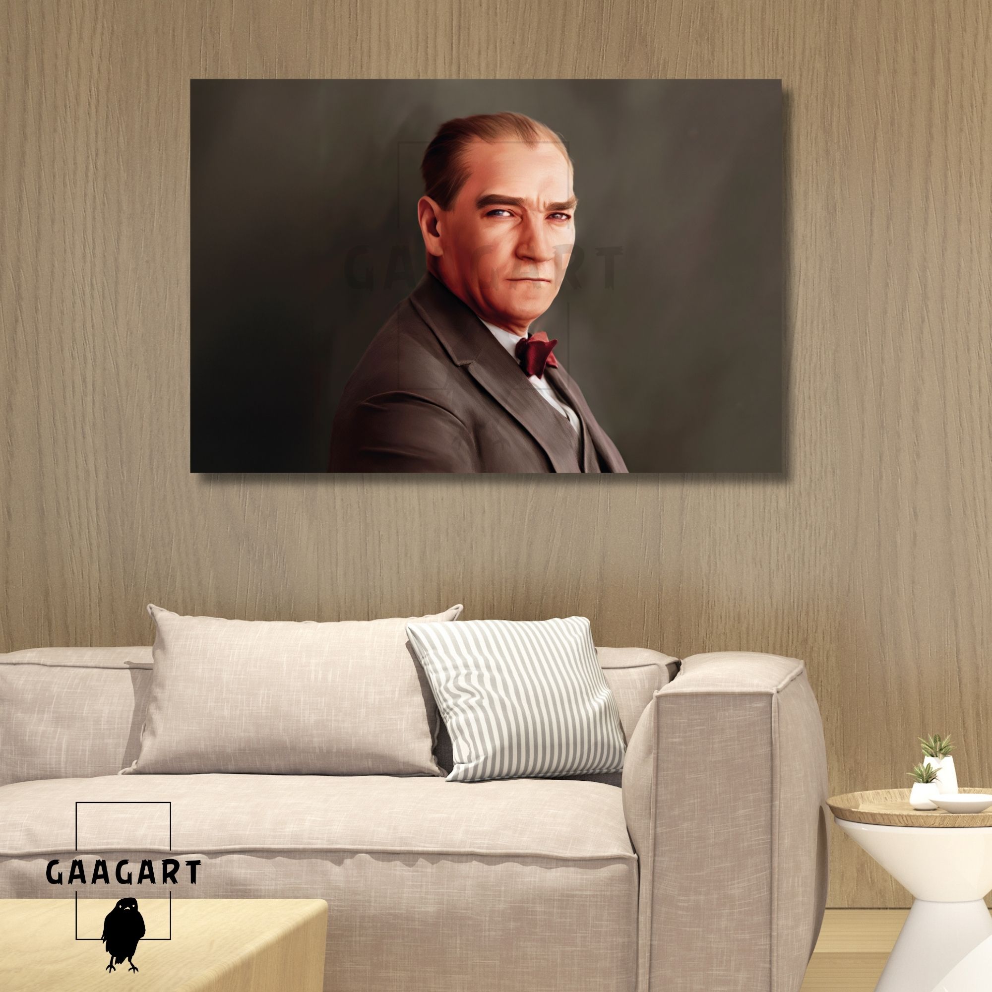 Tekli Yatay Kanvas Duvar Tablosu Papyonlu Yan Atatürk