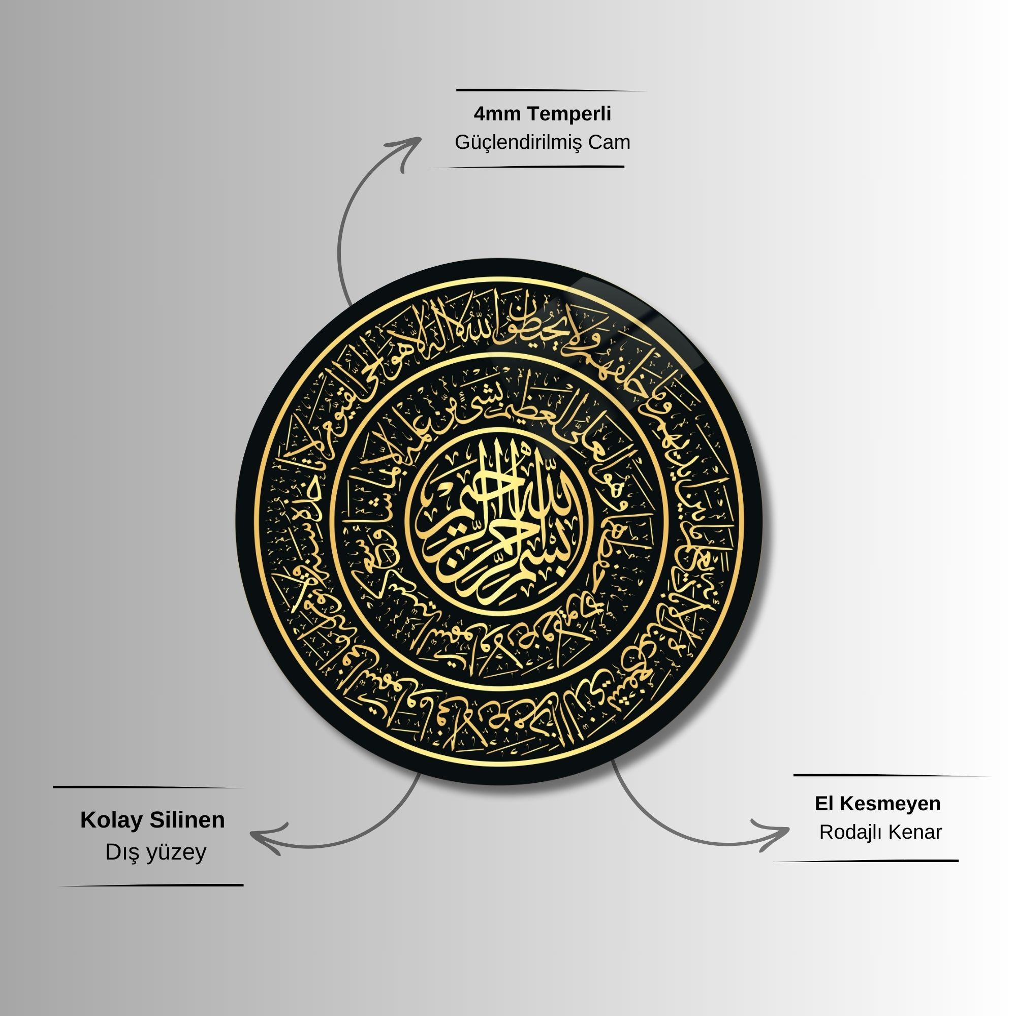 Yuvarlak Temperli Gerçek Cam Dini Tablo Ayet-el Kürsi Tasarımı
